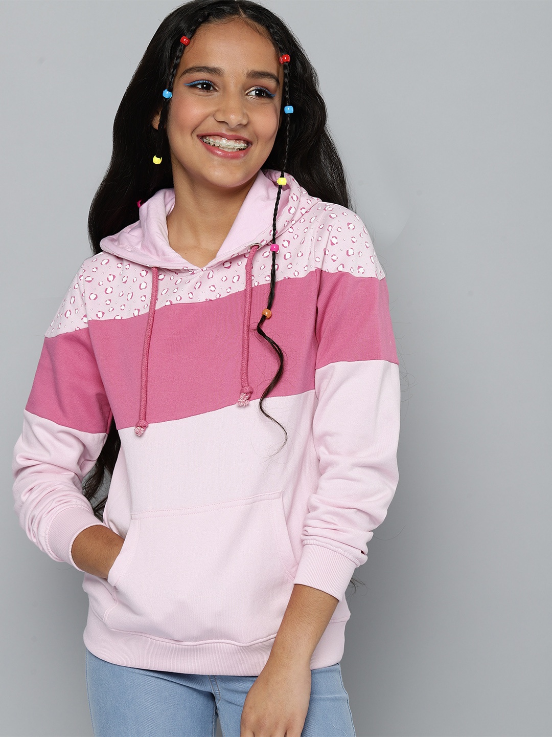 

JUSTICE Girls Pink Colourblocked & Printed Hooded Sweatshirt