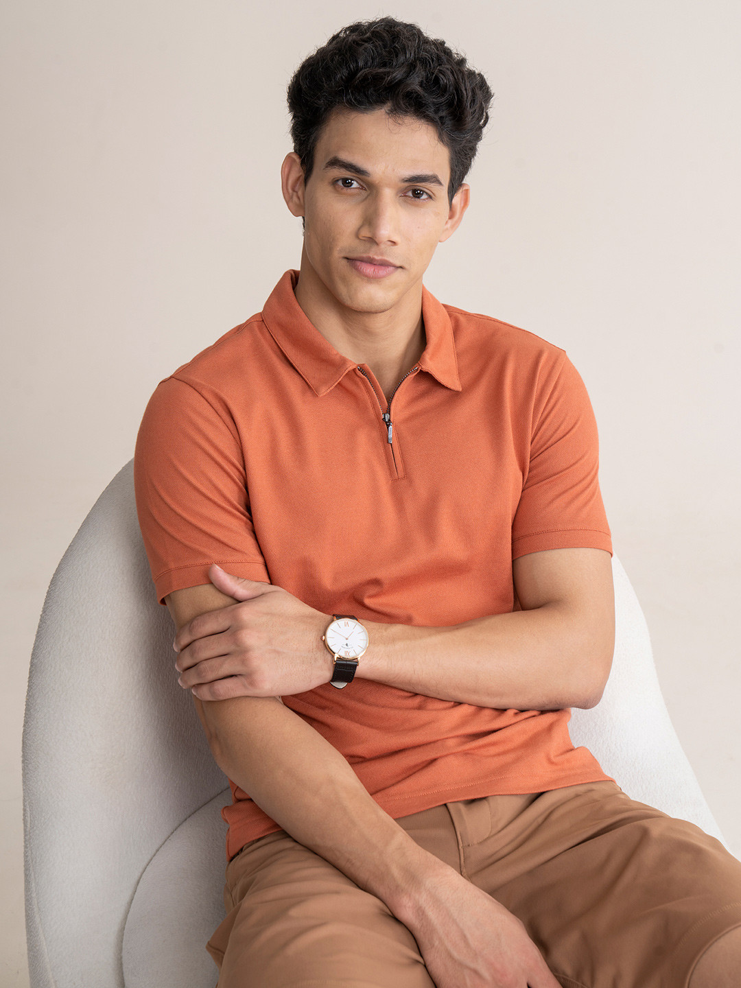 

DAMENSCH Men Thermoregulating Regular Fit Zipper Polo T-shirt, Orange