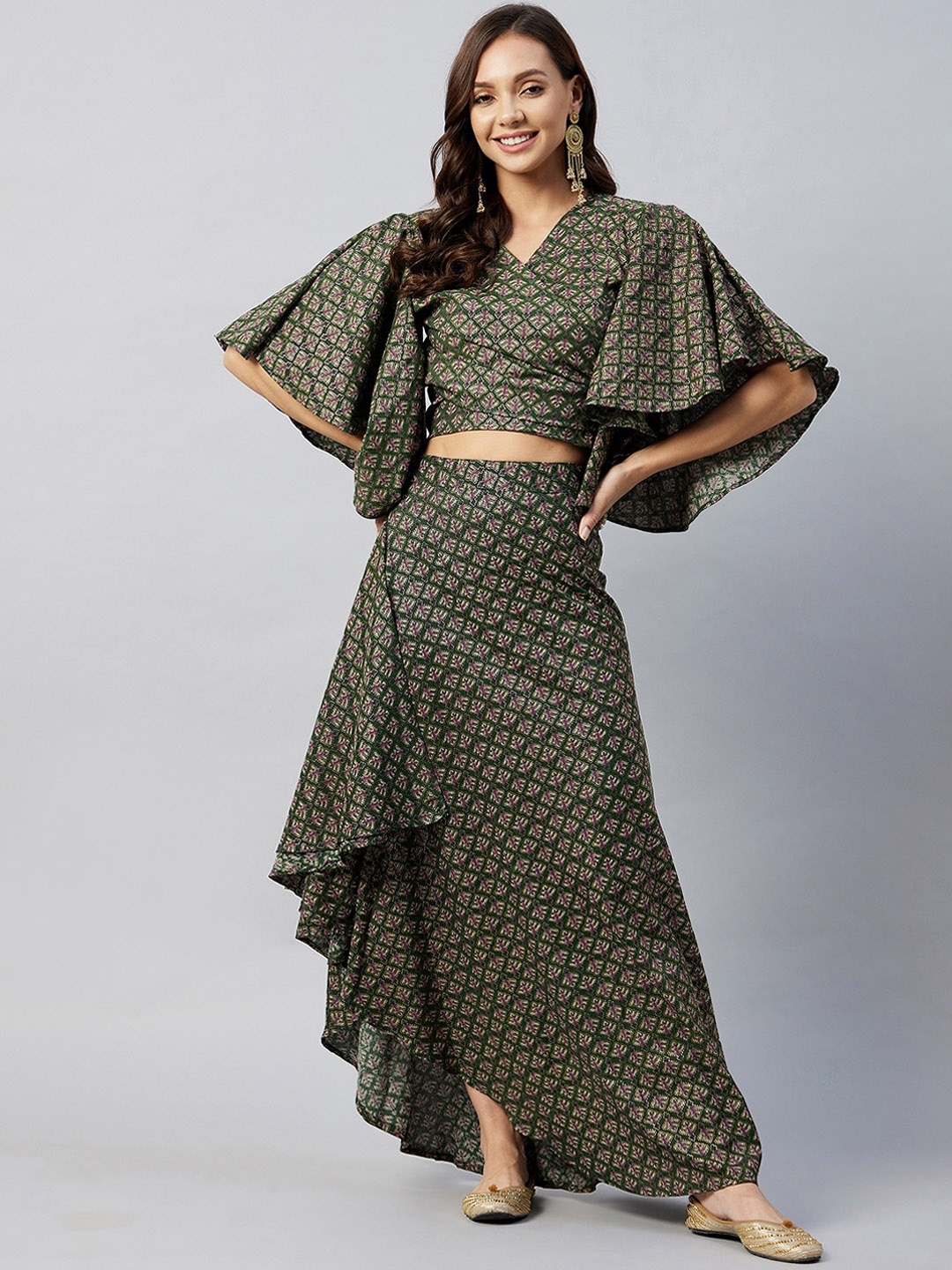 

InWeave Women Green Printed Top with Flared Skirt