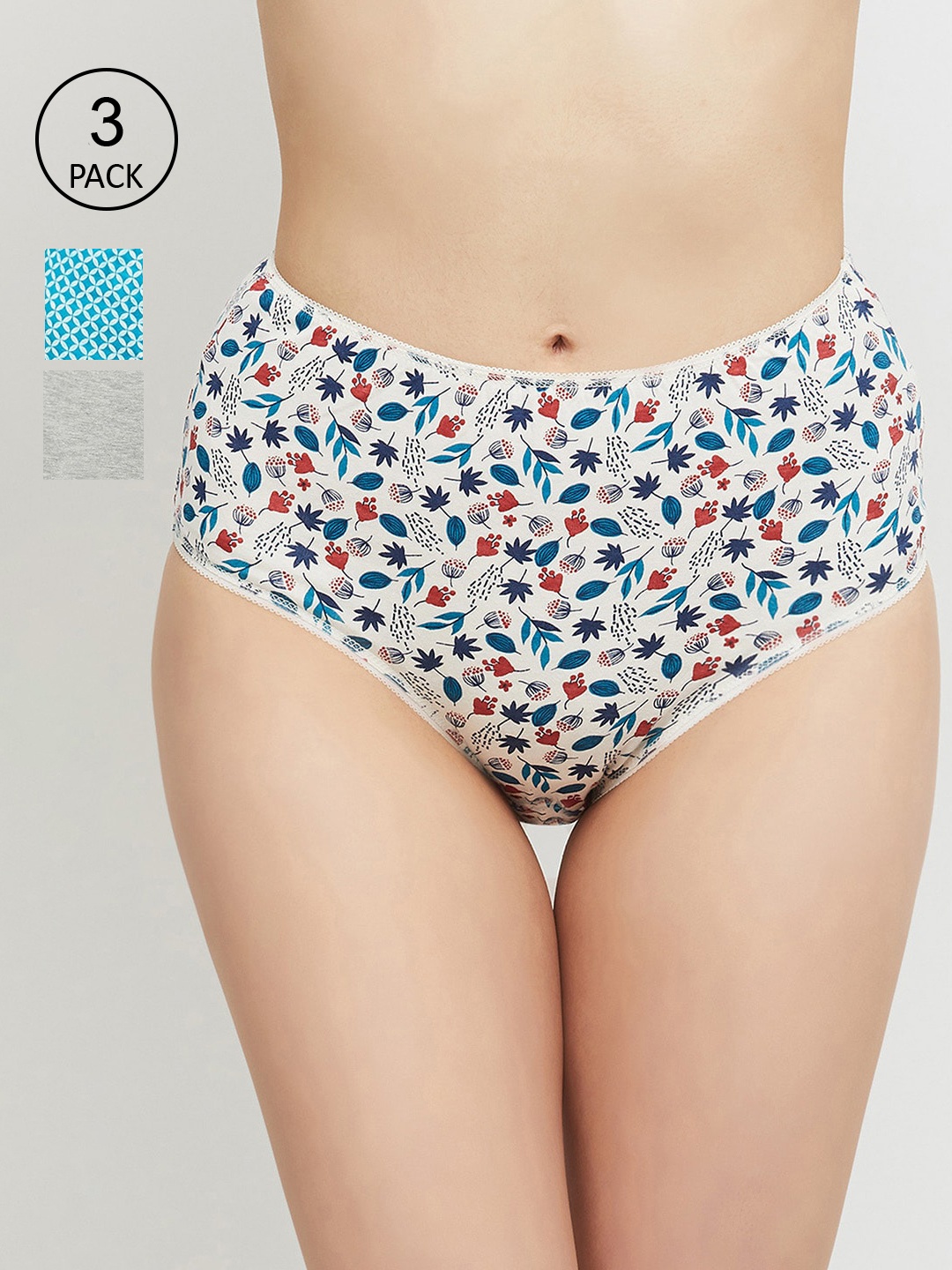 

max Women Pack of 3 Grey Melange & Blue Printed High-Rise Hipster Brief