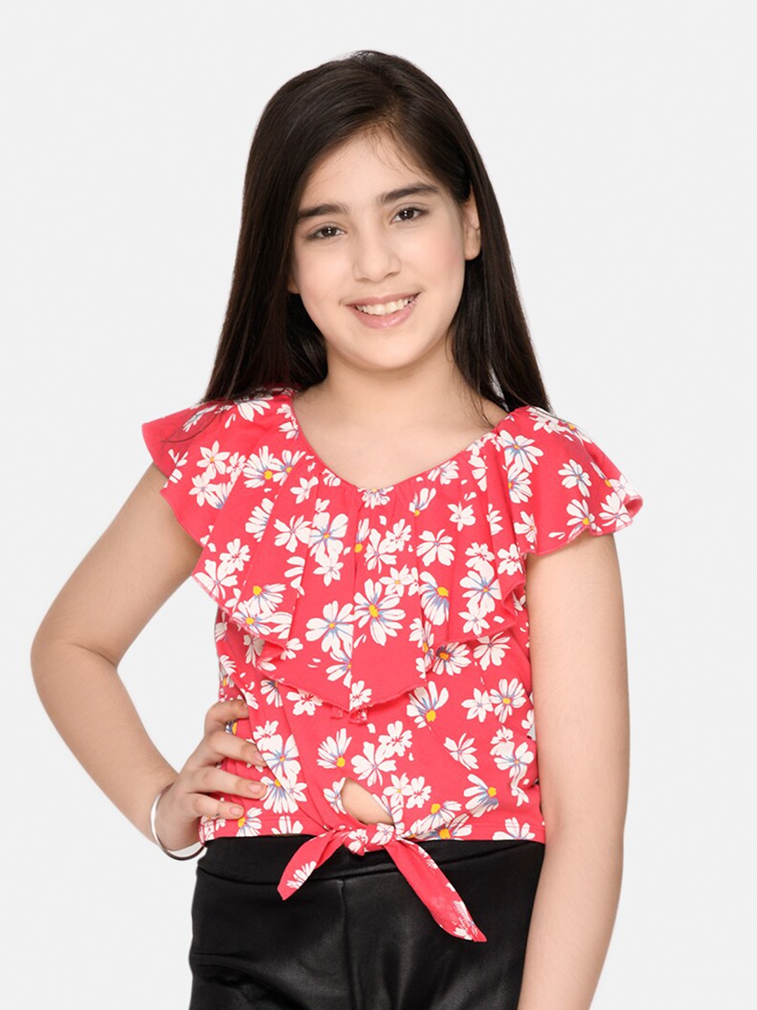 

SPUNKIES Girls Pink Floral Print Ruffles Organic Cotton Top