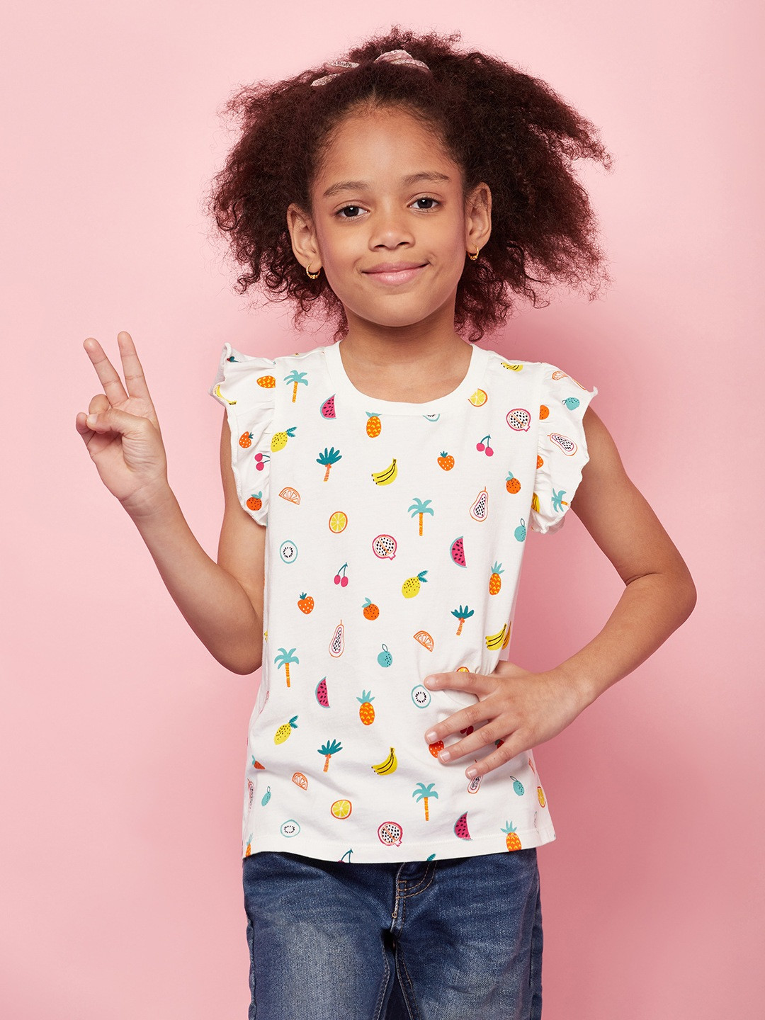 

SPUNKIES White & Multicoloured Print Ruffles Organic Cotton Top