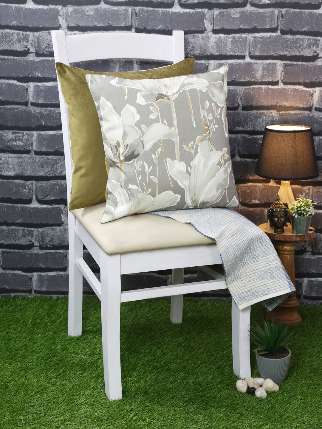 

Just Home Set of 2 Grey & Olive Green Pure Cotton Digital Printed Square Cushion Cover