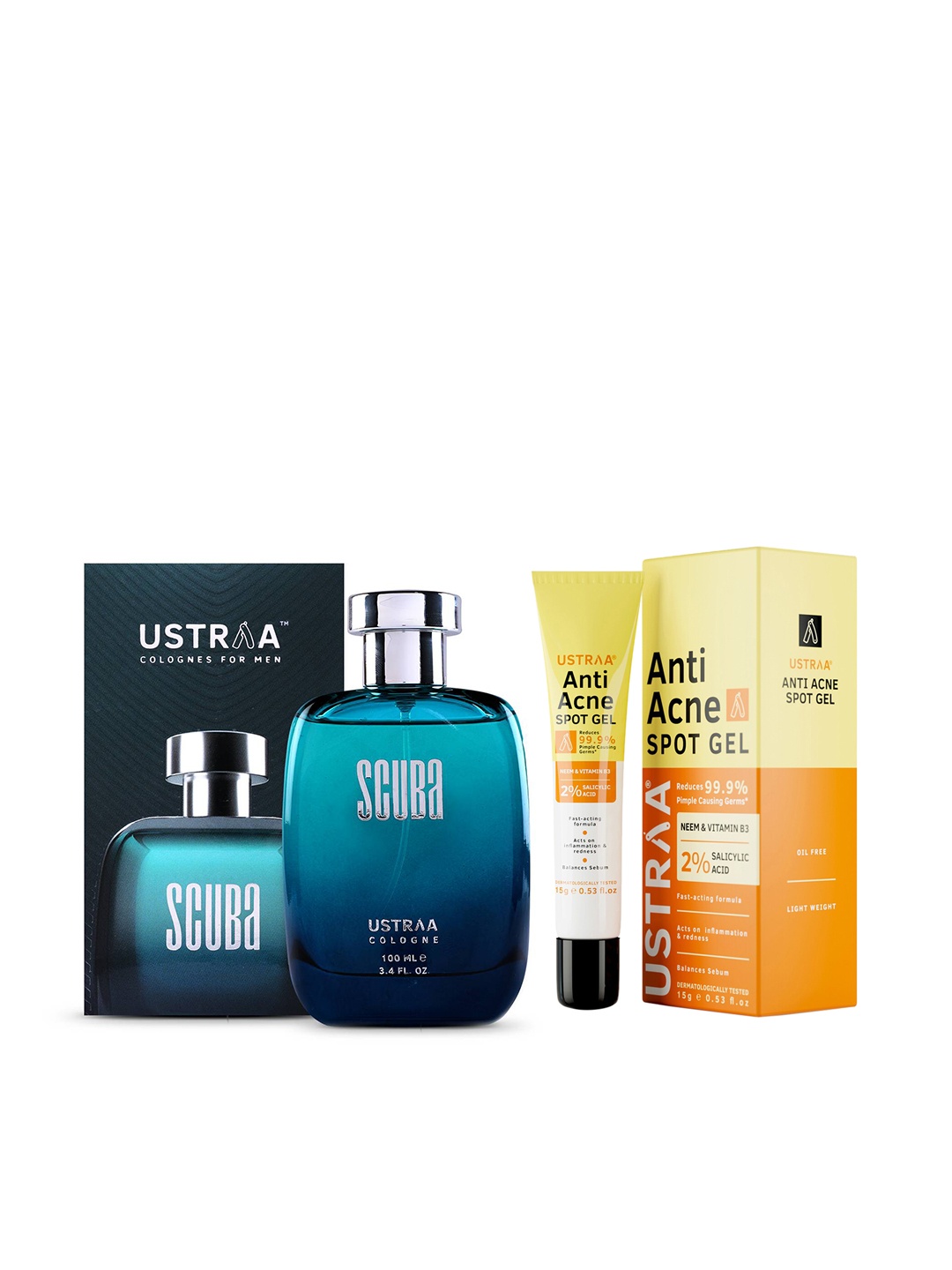 

Ustraa Men Set of Scuba Cologne 100 ml & Anti-Acne Spot Gel 15 g, Blue