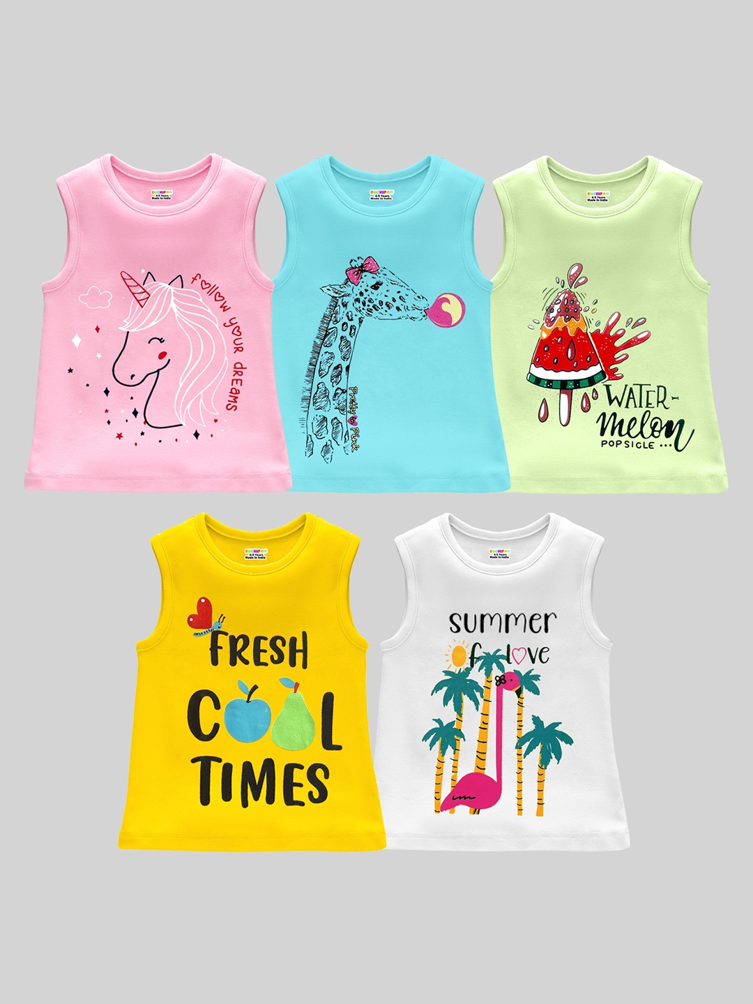 

KUCHIPOO Girls Pack of 5 Printed Sleeeless T-shirt, Multi