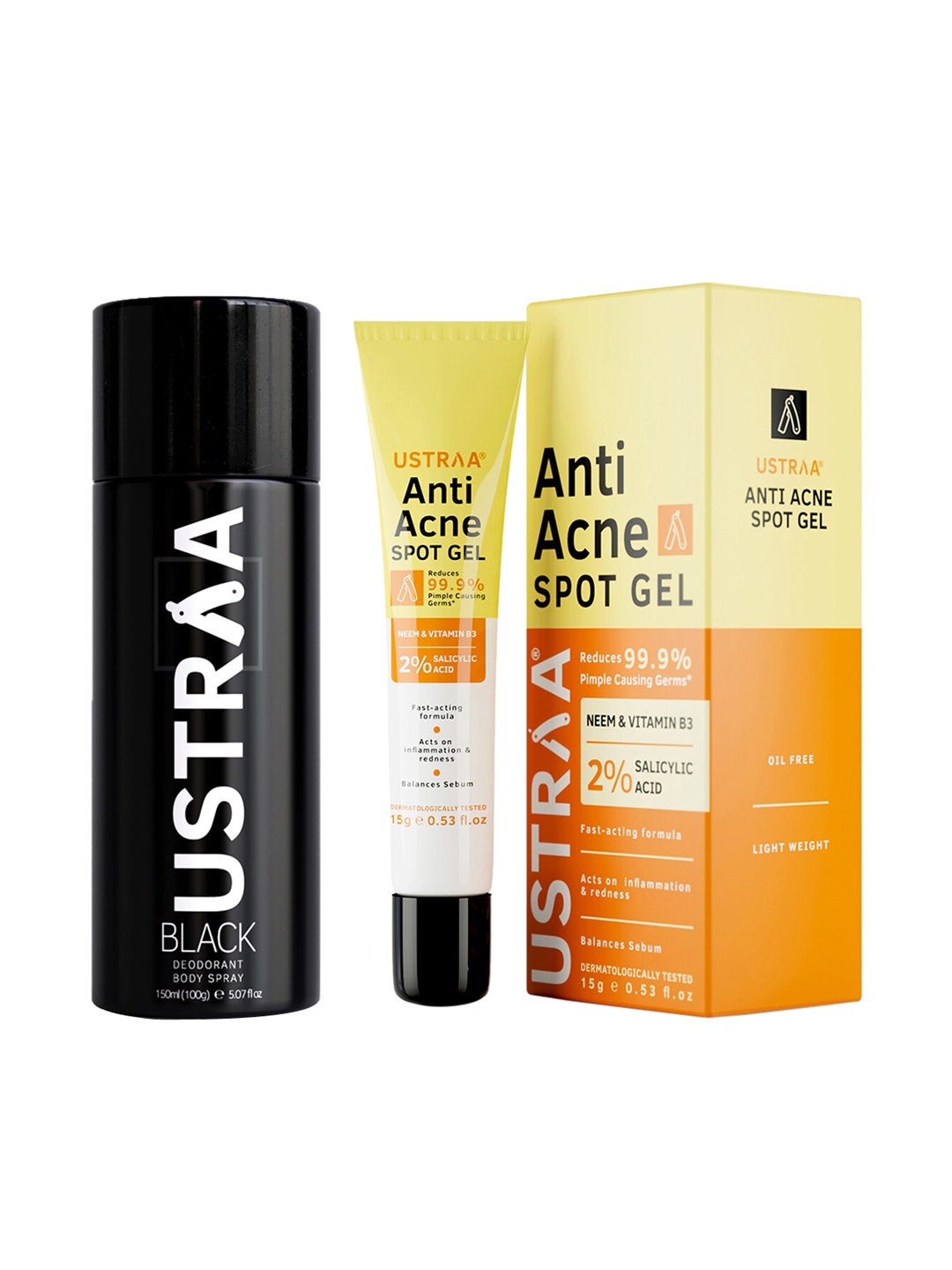 

Ustraa Set of Men Black Deodorant Body Spray 150 ml & Anti-Acne Spot Gel 15 g