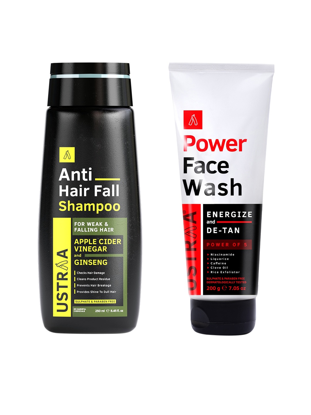 

Ustraa Men Set of Anti Hair Fall Shampoo 250 ml & Energize De-Tan Power Face Wash 200 g, Black