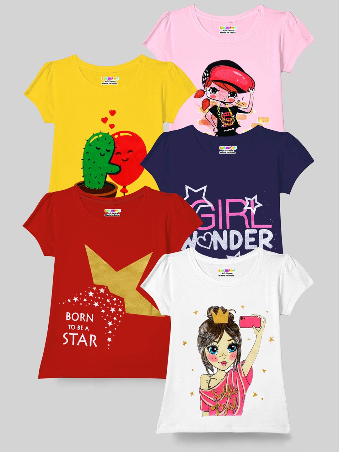 

KUCHIPOO Girls Pack Of 5 Red & Navy Blue Printed T-shirt