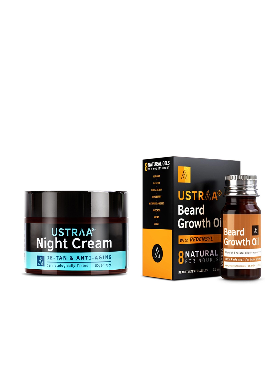 

Ustraa Set of Beard Growth Oil 35 ml & De-Tan Anti-Aging Night Cream 50 g, Black