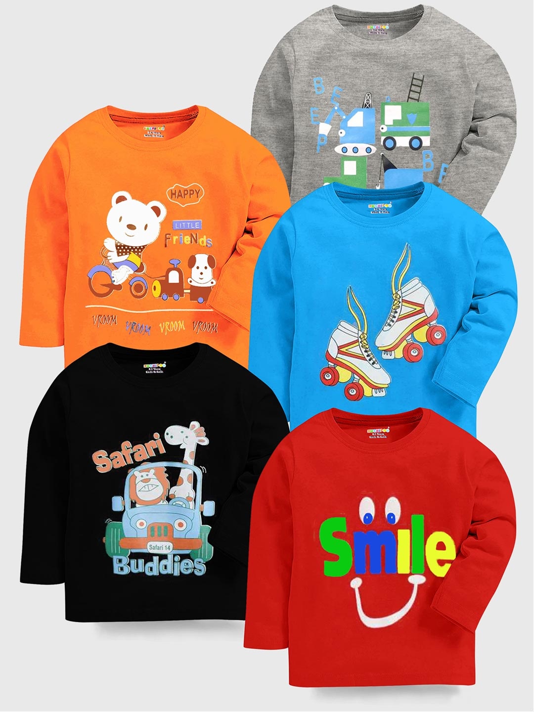 

KUCHIPOO Boys Multicolored Pack Of 5 Printed Cotton T-shirt, Multi