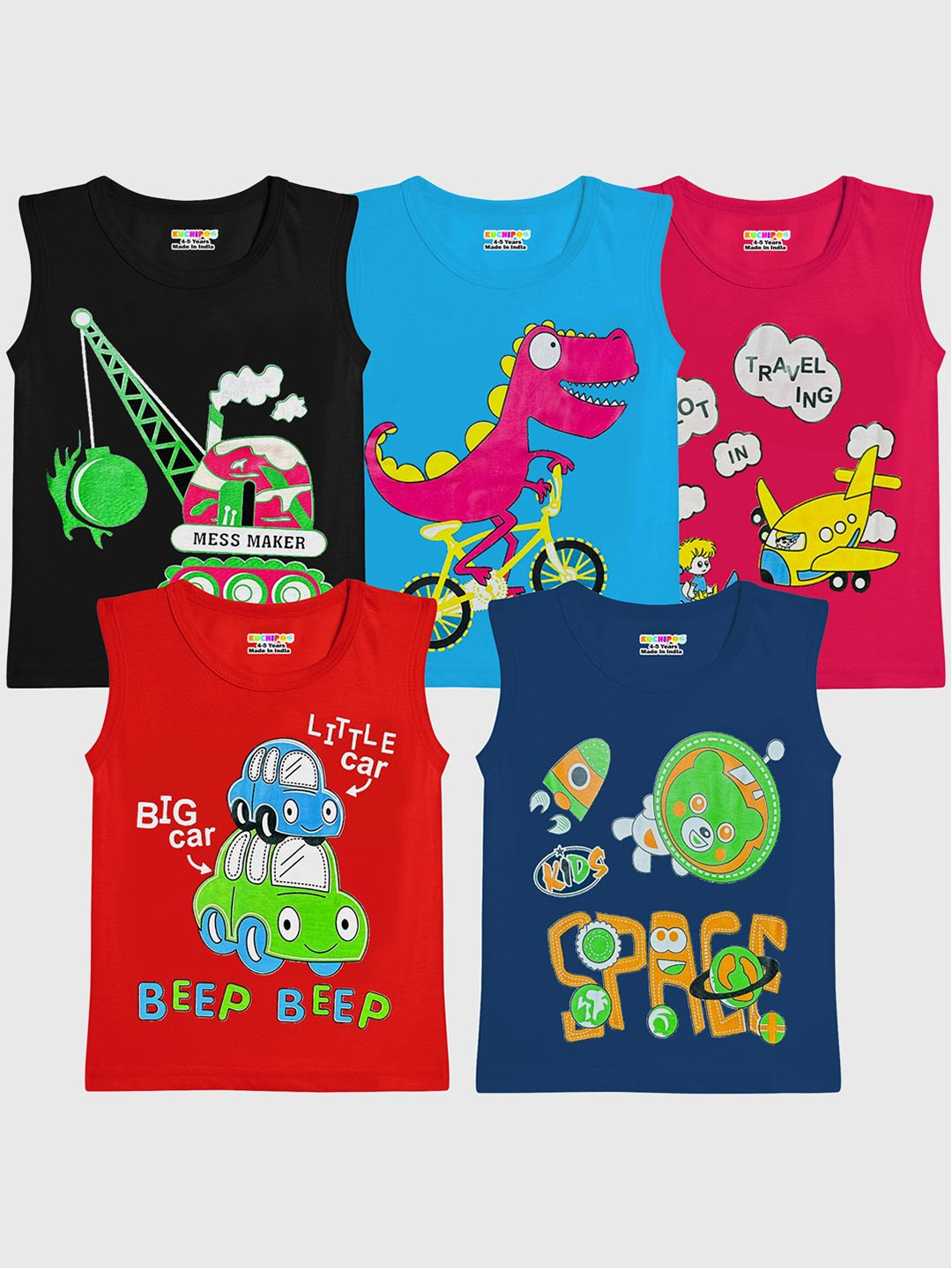 

KUCHIPOO Pack of 5 Kids Black & Pink Printed Cotton T-shirt