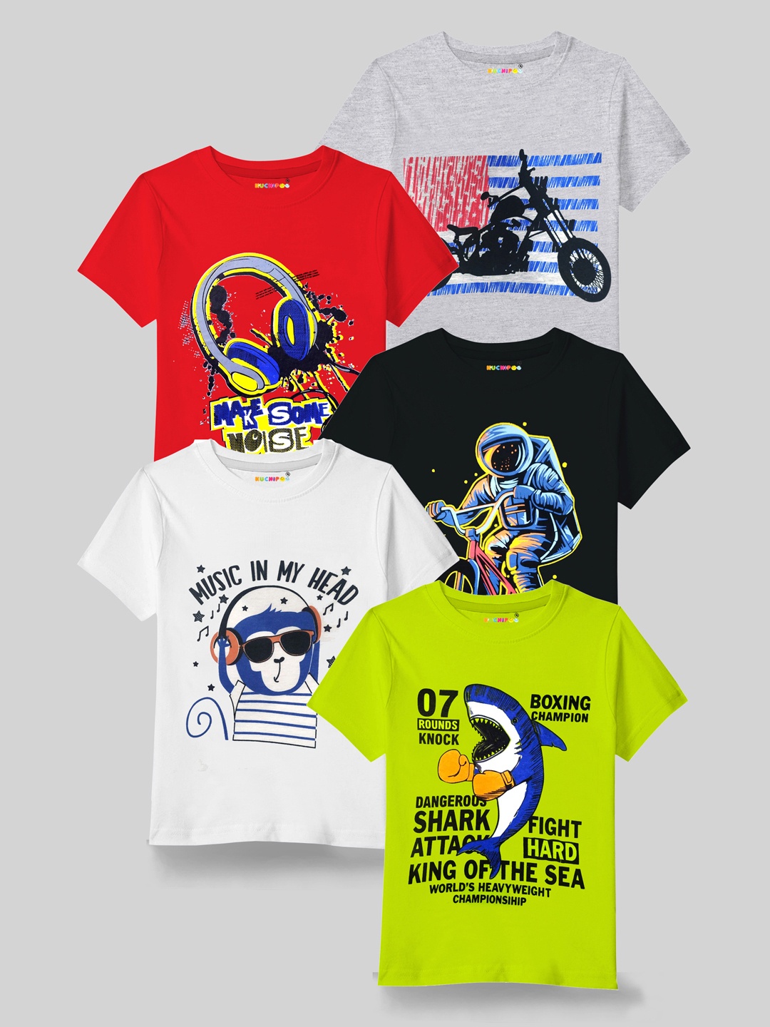 

KUCHIPOO Boys White & Black 5 Printed Cotton T-shirt