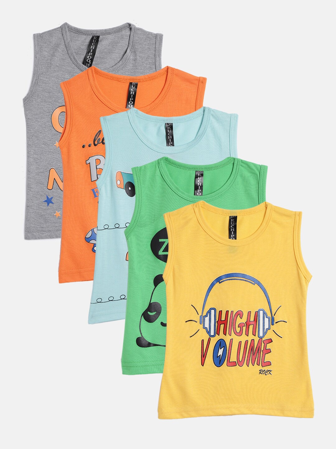 

KUCHIPOO Boys Set Of 5 Multicolored Typography Printed Cotton T-shirt, Multi