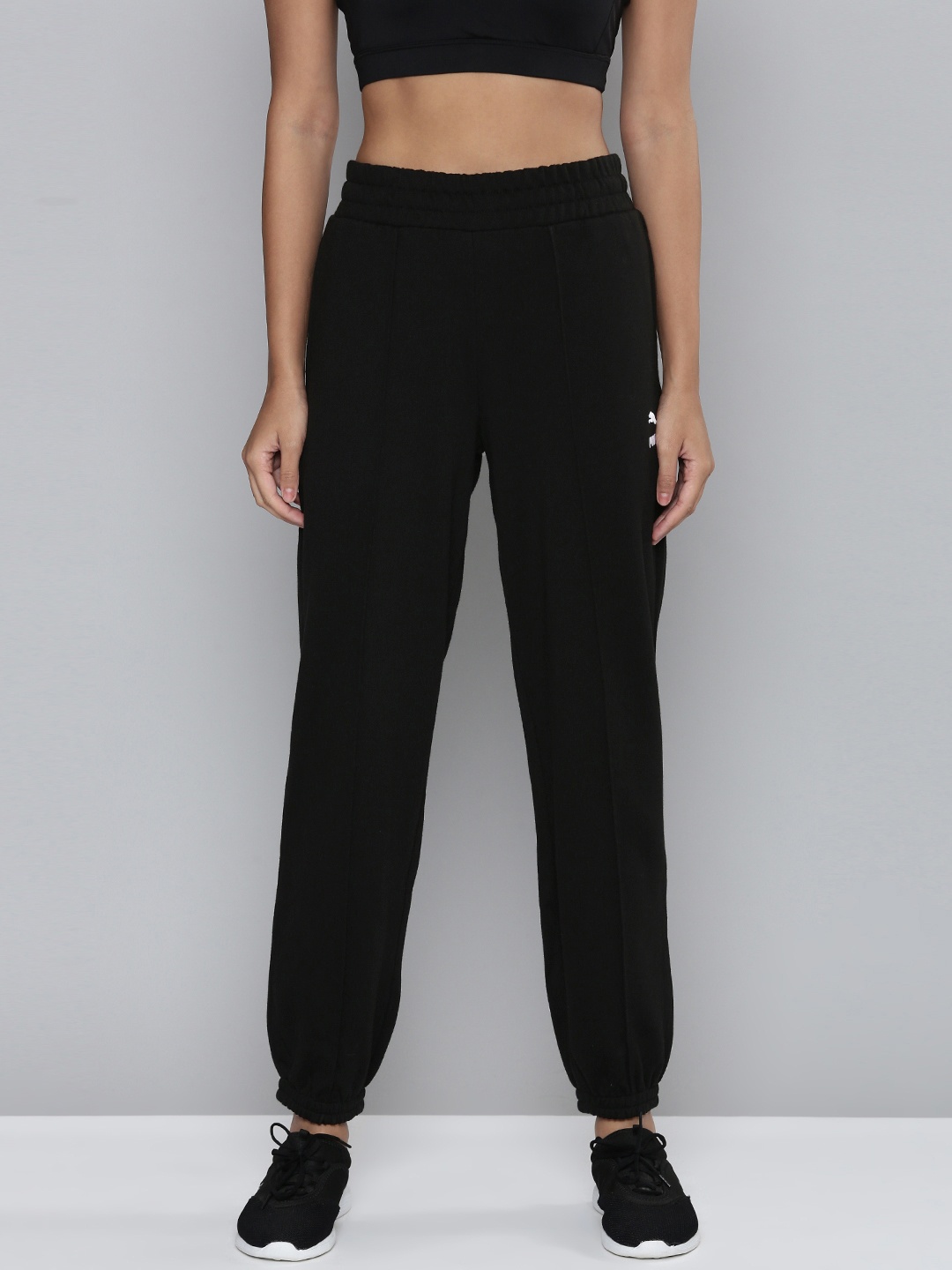 Puma Women Classics Black Brand Logo Embroidered Relaxed Fit Joggers