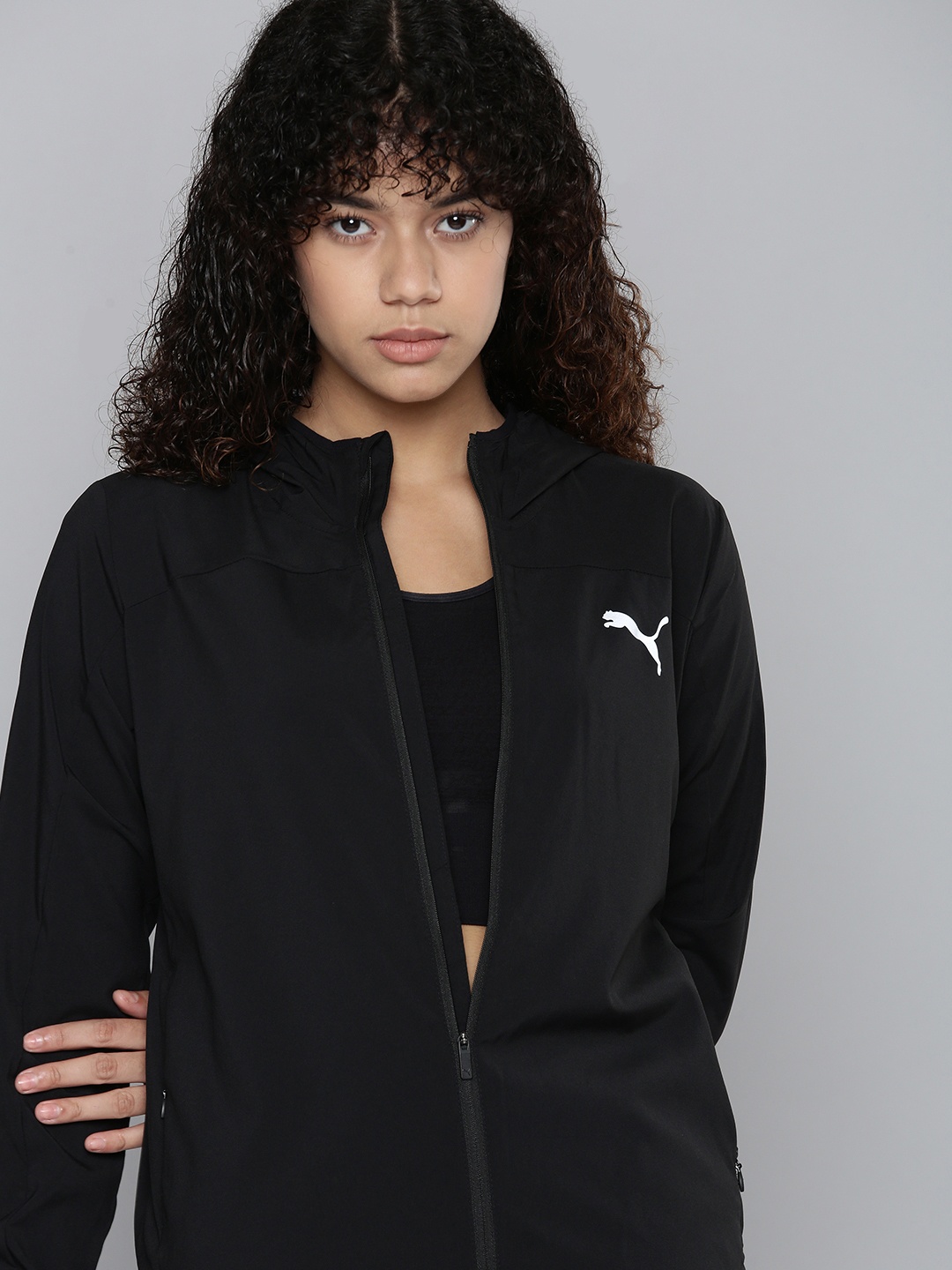 

Puma Women Black Solid Windcheater Running Woven Hooded Jacket