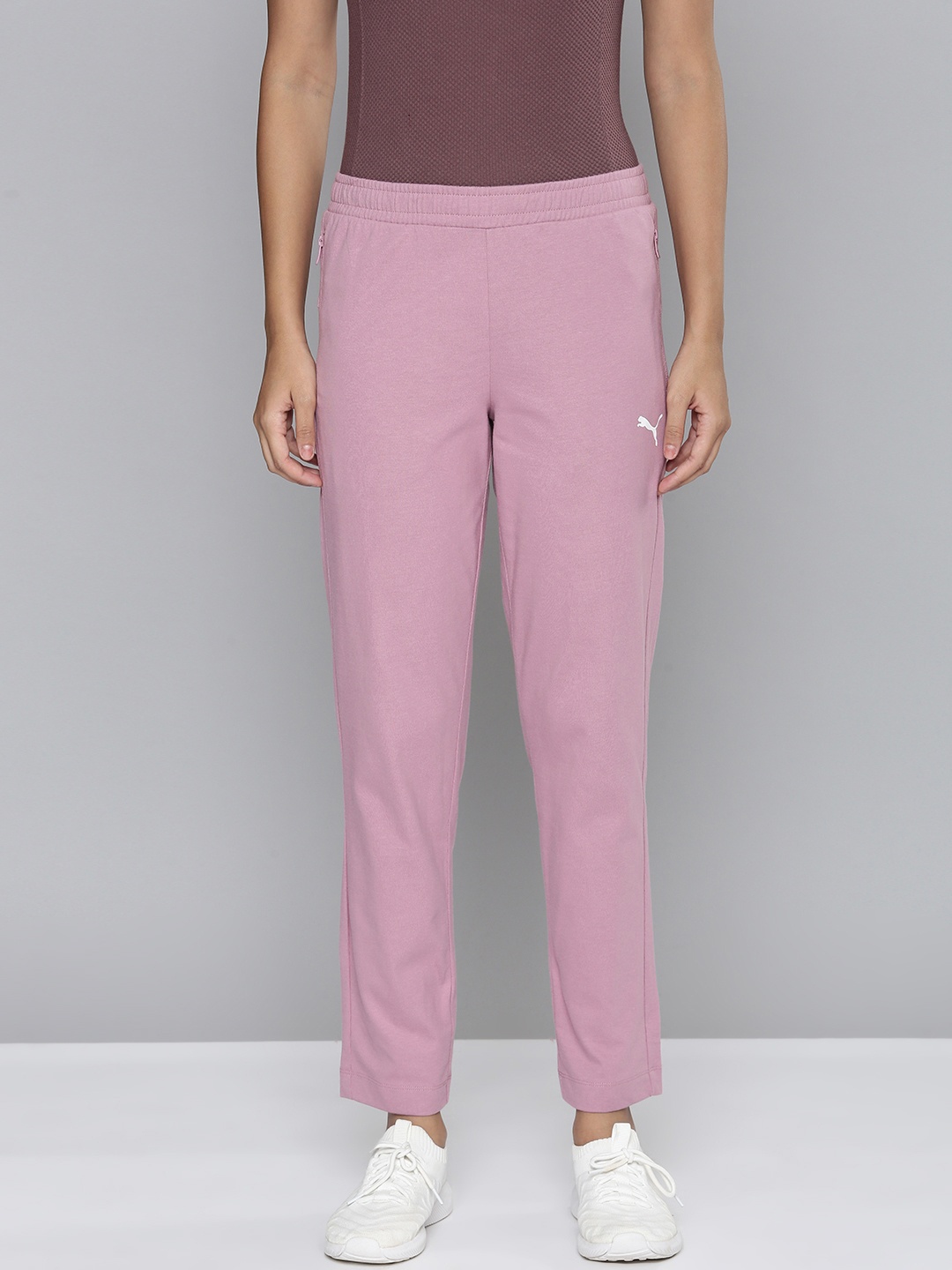 

Puma Women Regular Fit Brand Logo Printed Pure Cotton Zippered Jersey Track Pants, Purple