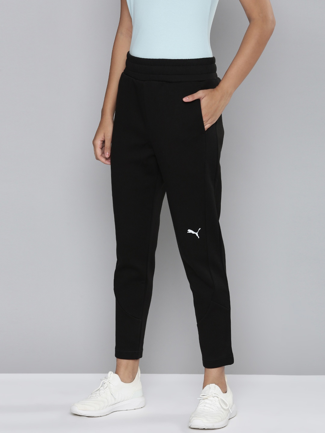 

Puma Women Black Brand Logo Printed Evostripe dryCELL High-Waist Track Pants