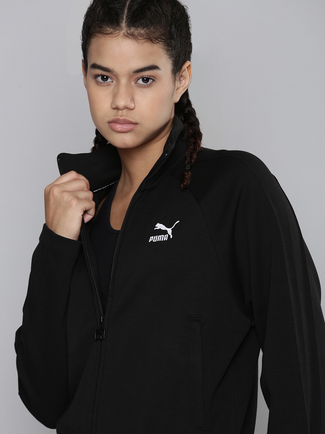 

Puma Women Black Brand Logo Printed Outdoor Relaxed Fit Sporty Jacket