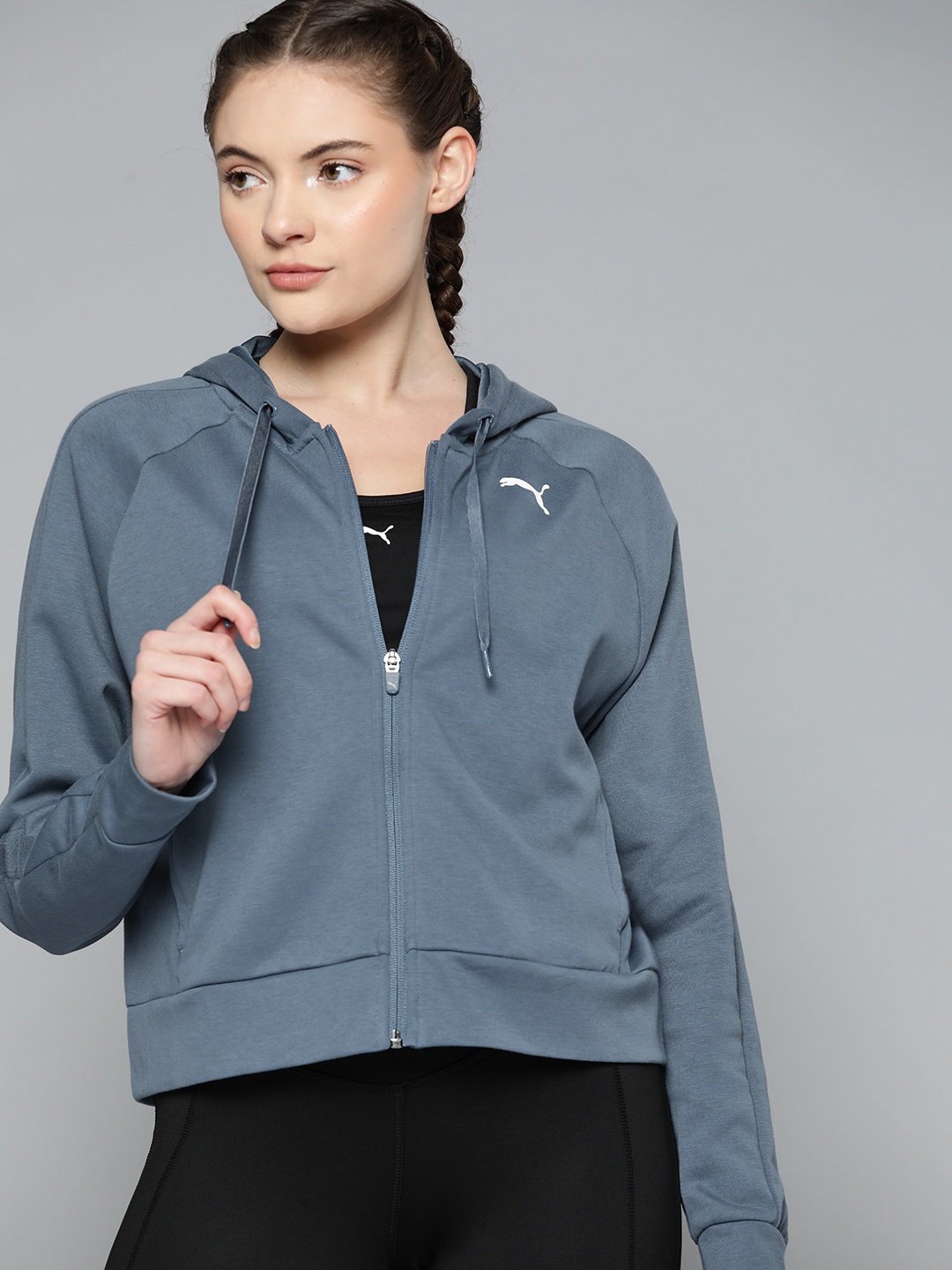 

Puma Women Grey Solid Modern Sports Full-Zip Hooded Relaxed Fit Sporty Jacket