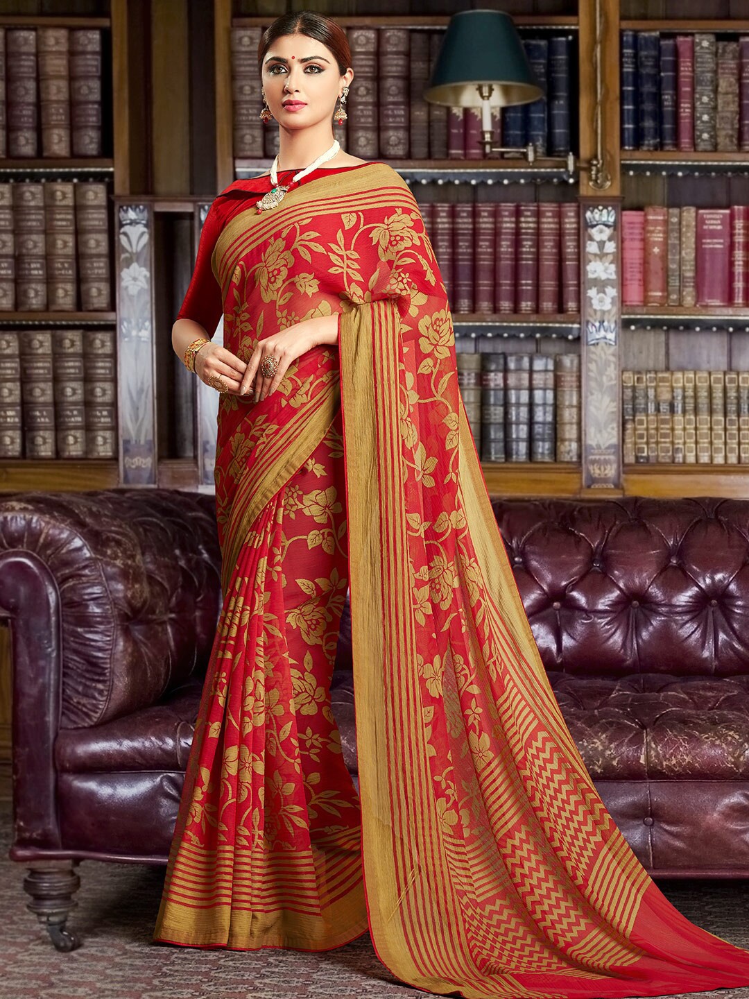 

Shaily Red & Green Floral Brasso Saree