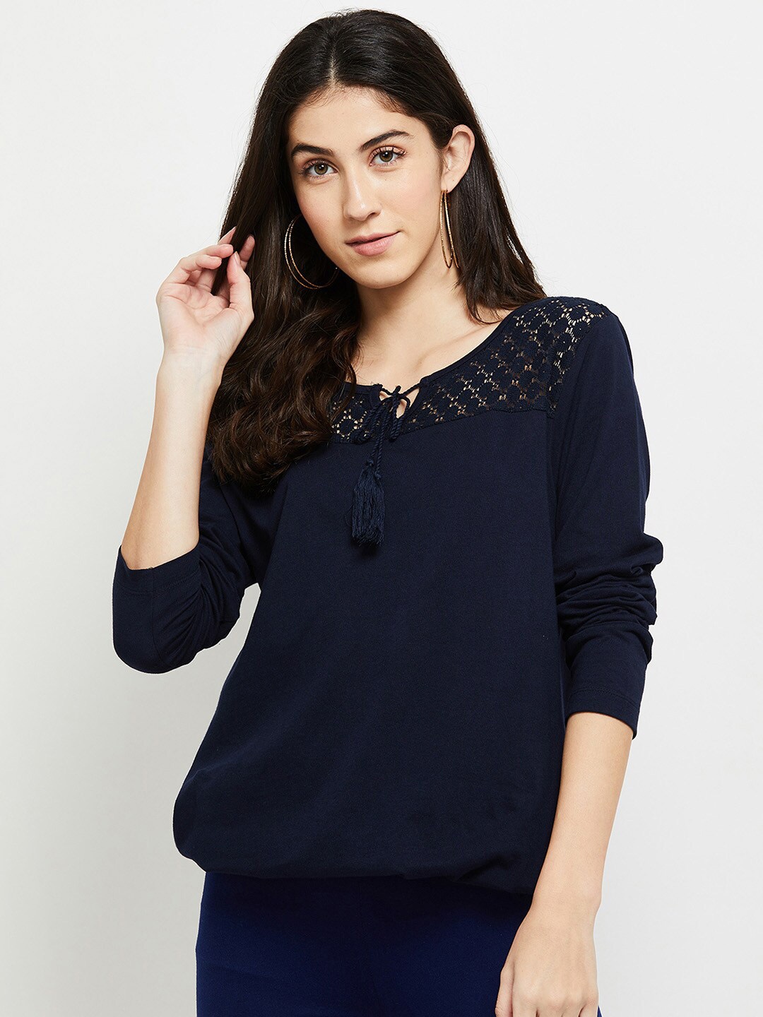 

max Women Blue Tie-Up Neck Top