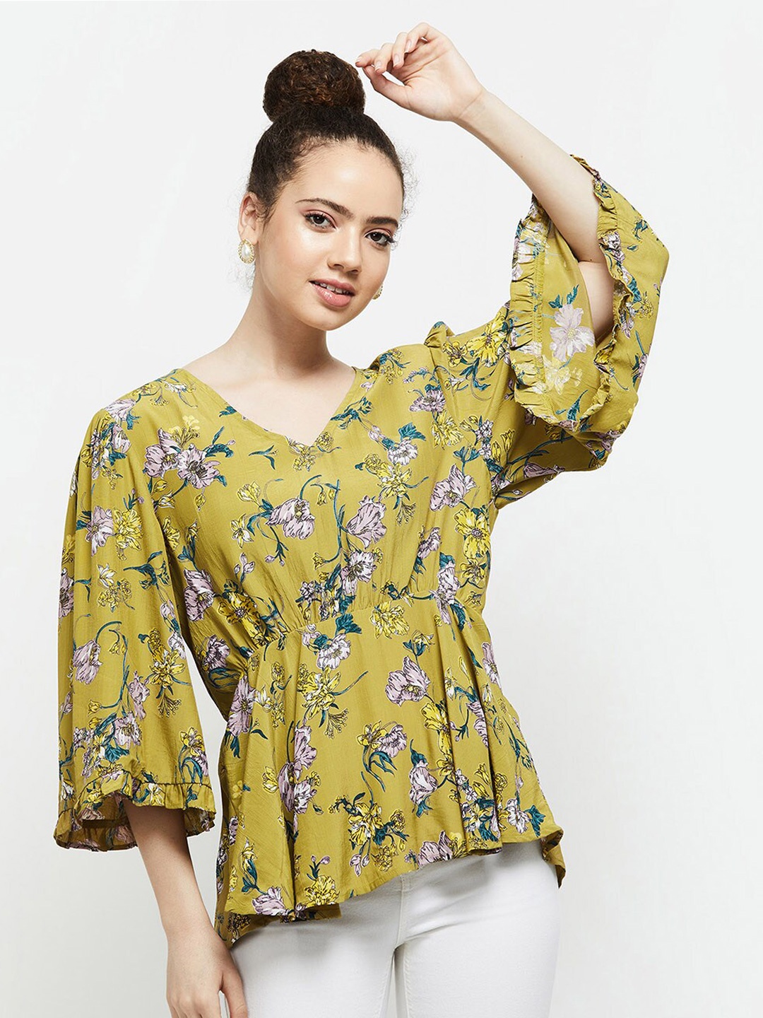 

max Green Floral Print Cinched Waist Top