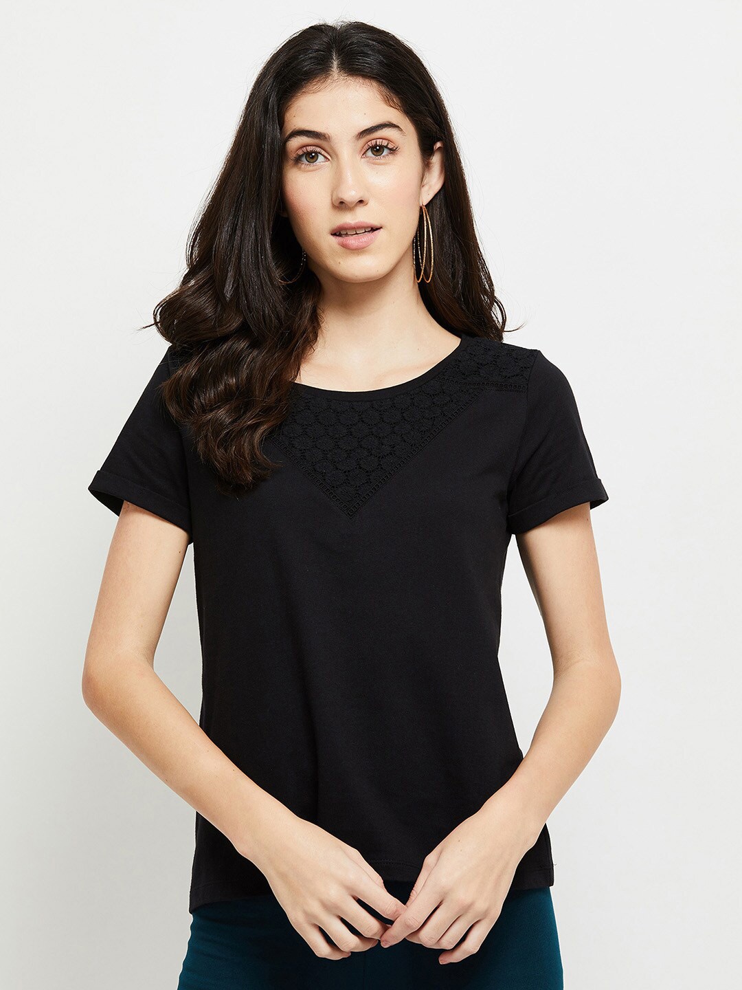

max Black Solid Pure Cotton Top