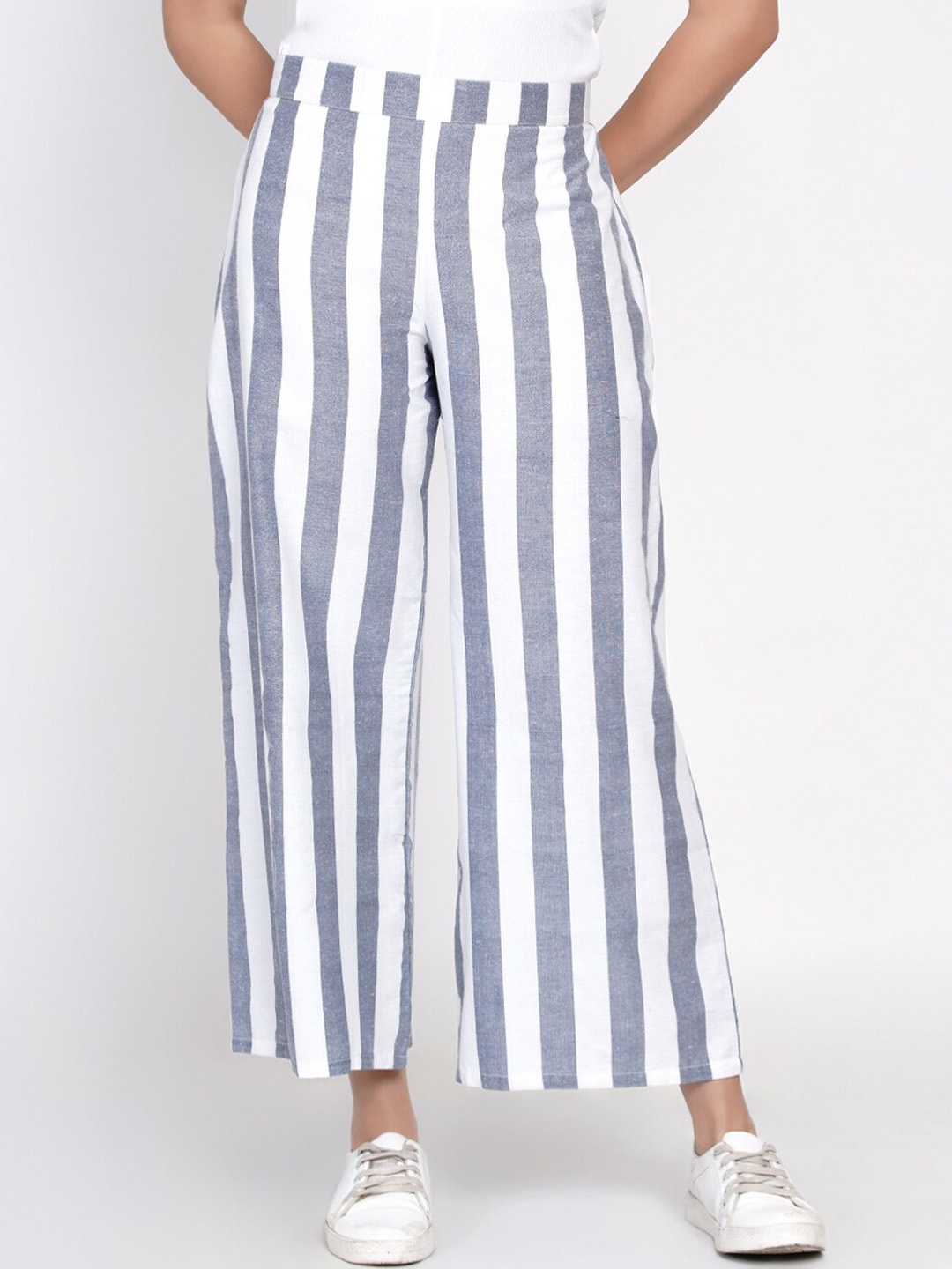 

FABNEST Women Blue Striped Relaxed Straight Leg Cotton Trousers