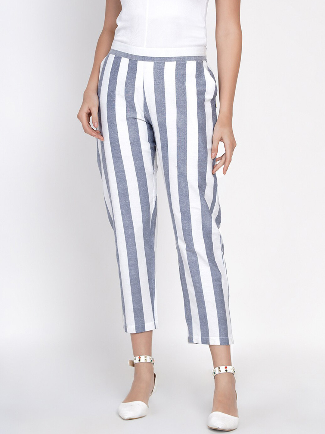 

FABNEST Women Blue Striped Relaxed Straight Leg Cotton Trousers