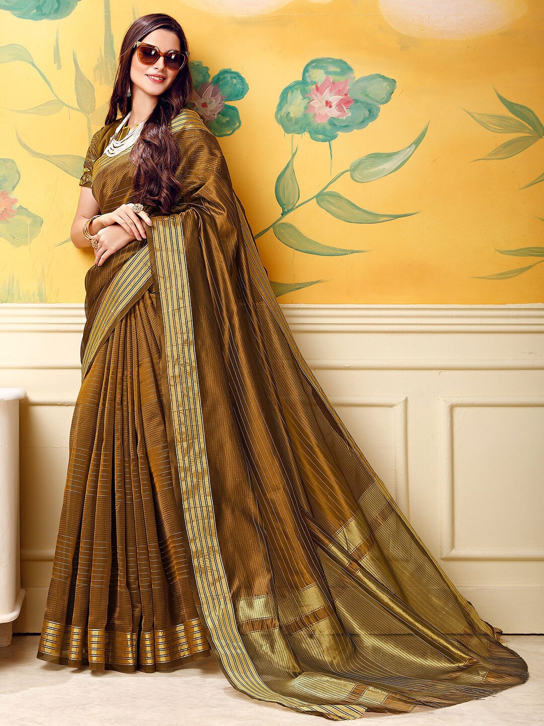 

Shaily Women Brown & Gold-Toned Striped Zari Silk Blend Saree
