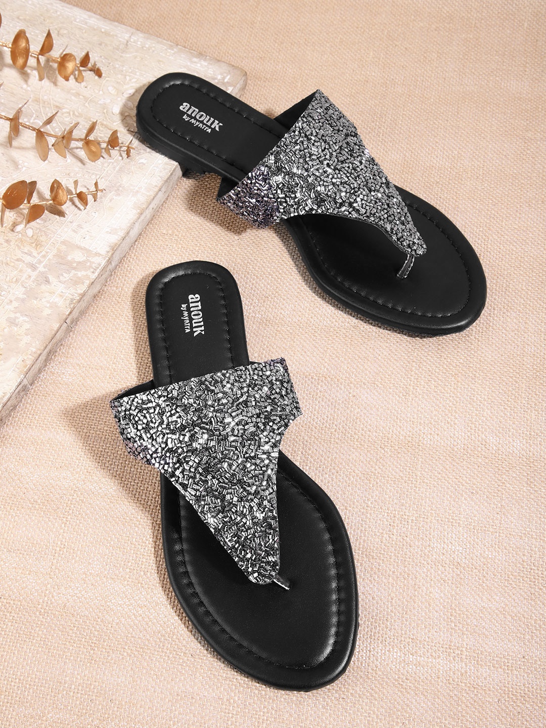 

Anouk Women Gunmetal-Toned Embellished Handcrafted T-Strap Flats, Metallic