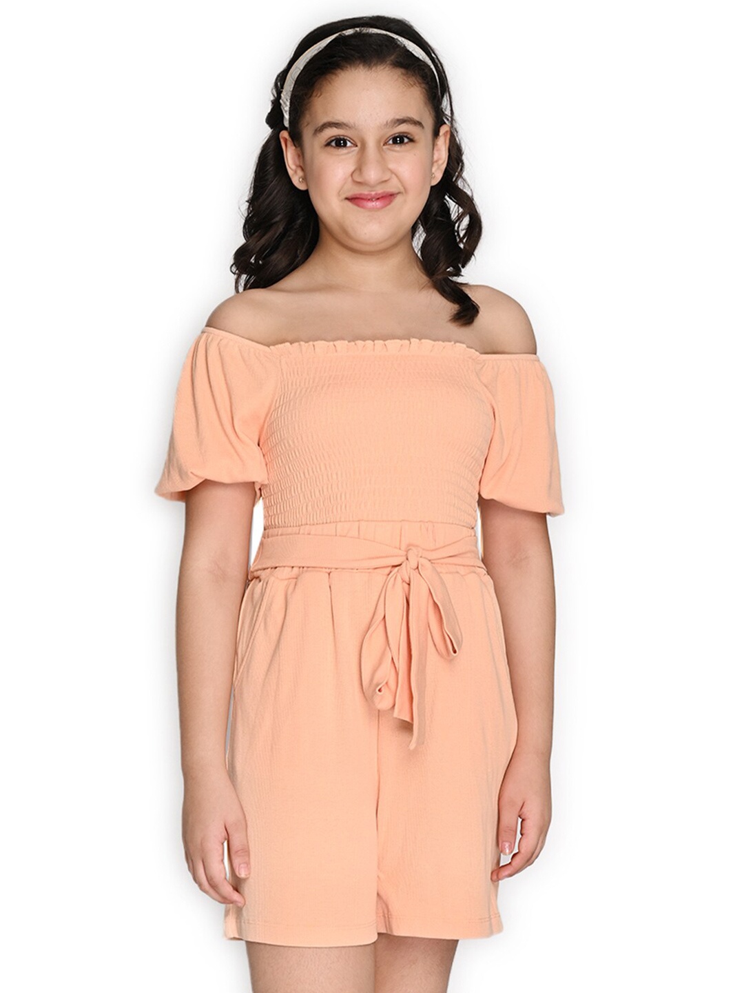 

SPUNKIES Girls Peach-Coloured Organic Cotton Off-Shoulder Jumpsuit