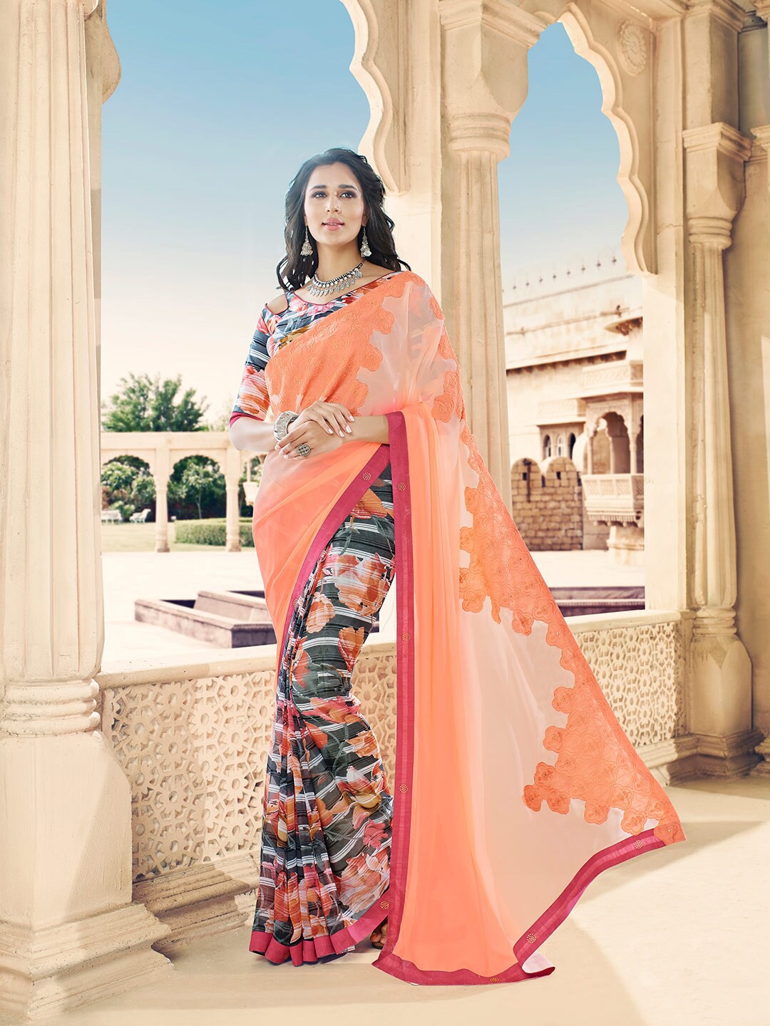 

Shaily Orange & Green Floral Pure Georgette Half and Half Saree