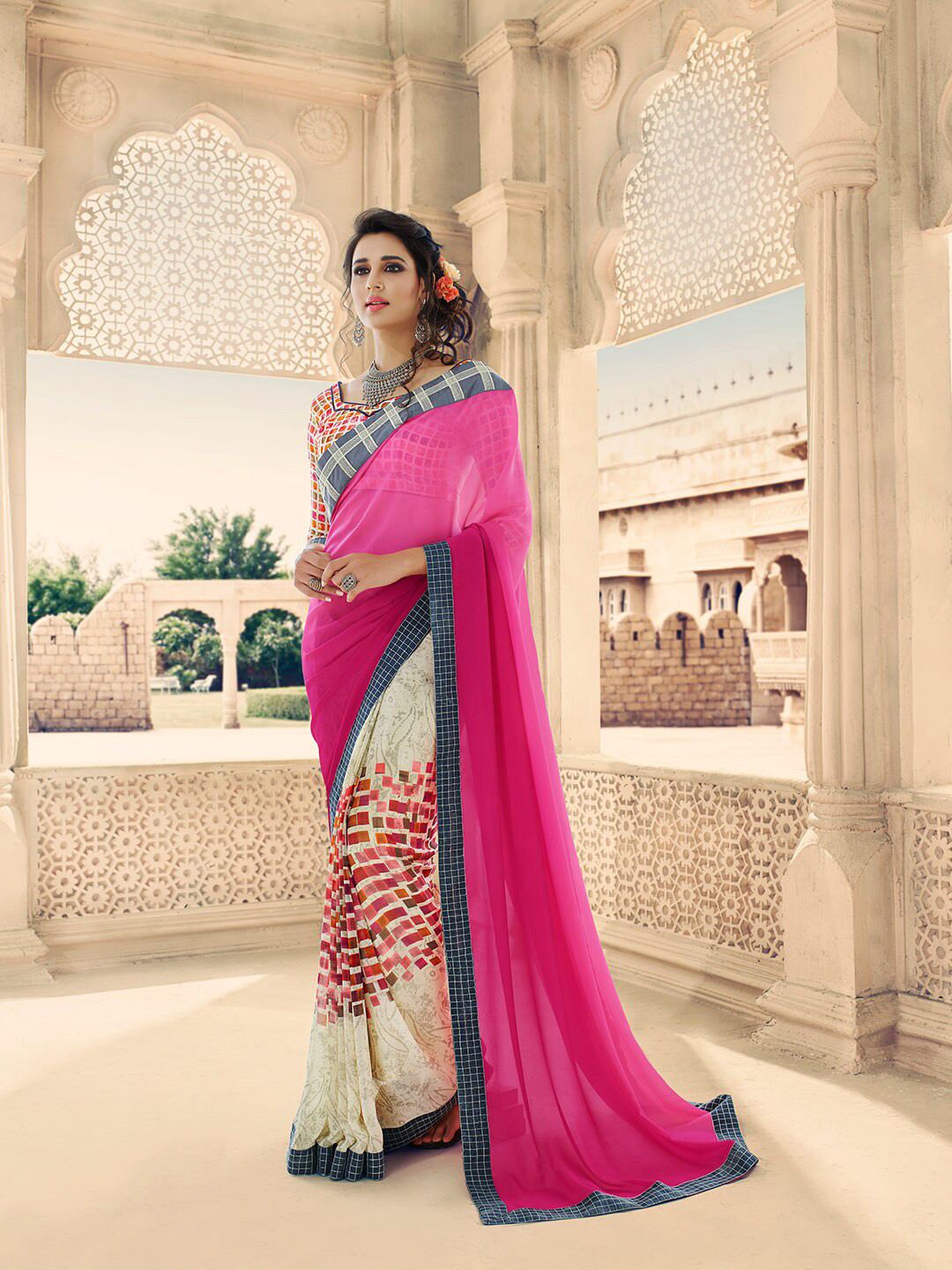 

Shaily Pink & Beige Abstract Printed Pure Georgette Half and Half Saree