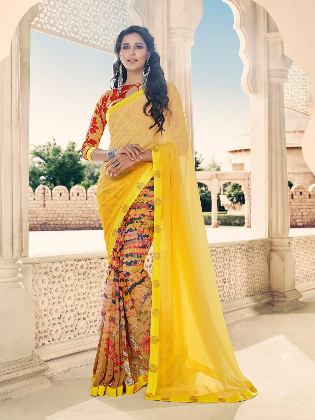 

Shaily Yellow & Red Pure Georgette Half and Half Saree