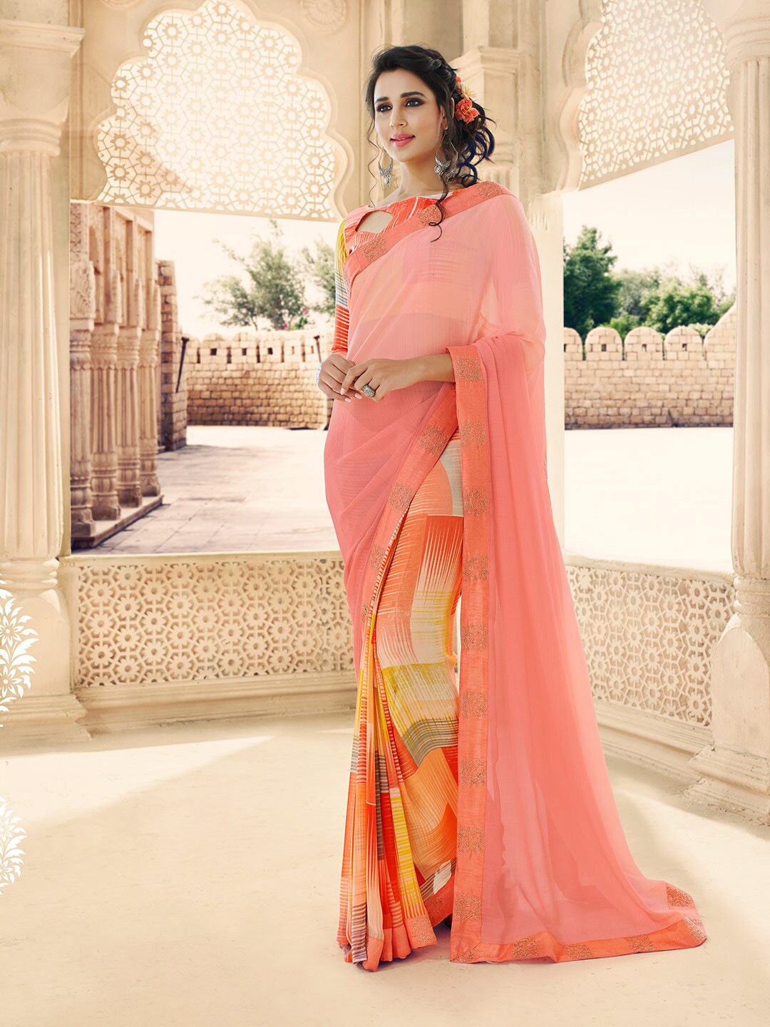 

Shaily Peach-Coloured & Orange Pure Georgette Half and Half Saree