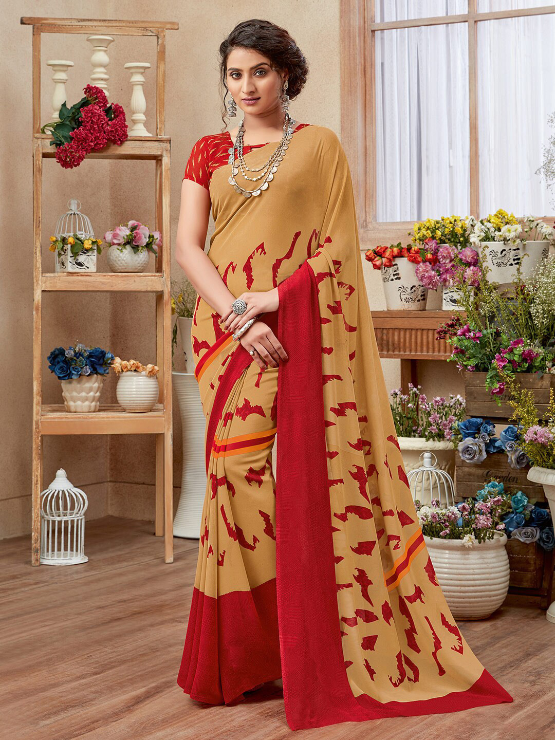 

Shaily Women Peach-Coloured & Red Abstract Saree