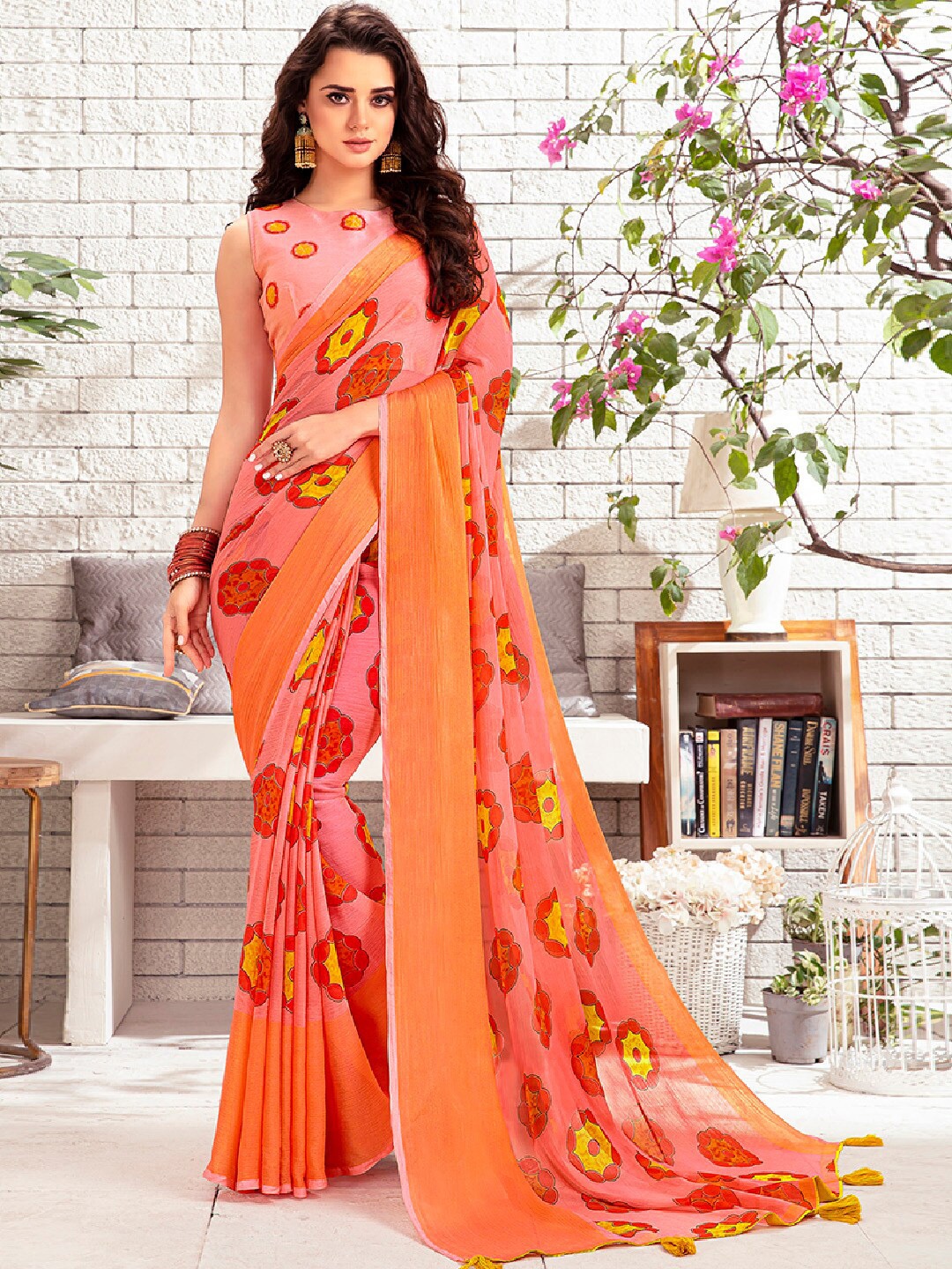 

Shaily Peach-Coloured Floral Printed Zari Fusion Saree