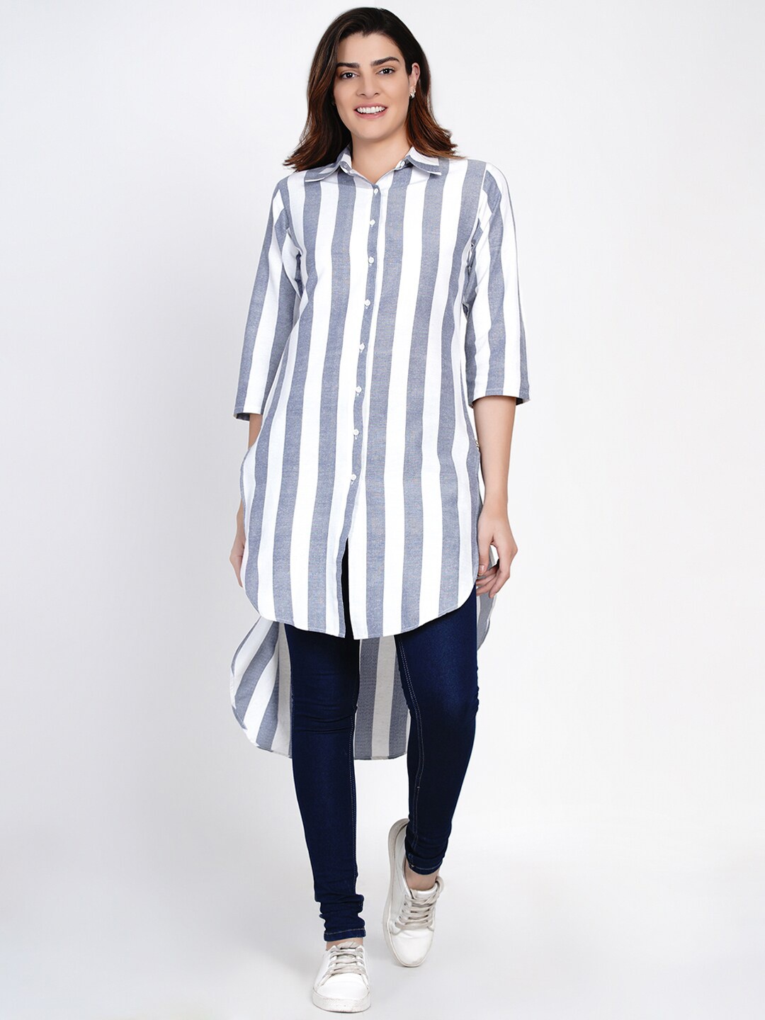 

FABNEST Women Blue & White Shirt Collar Striped Tunic
