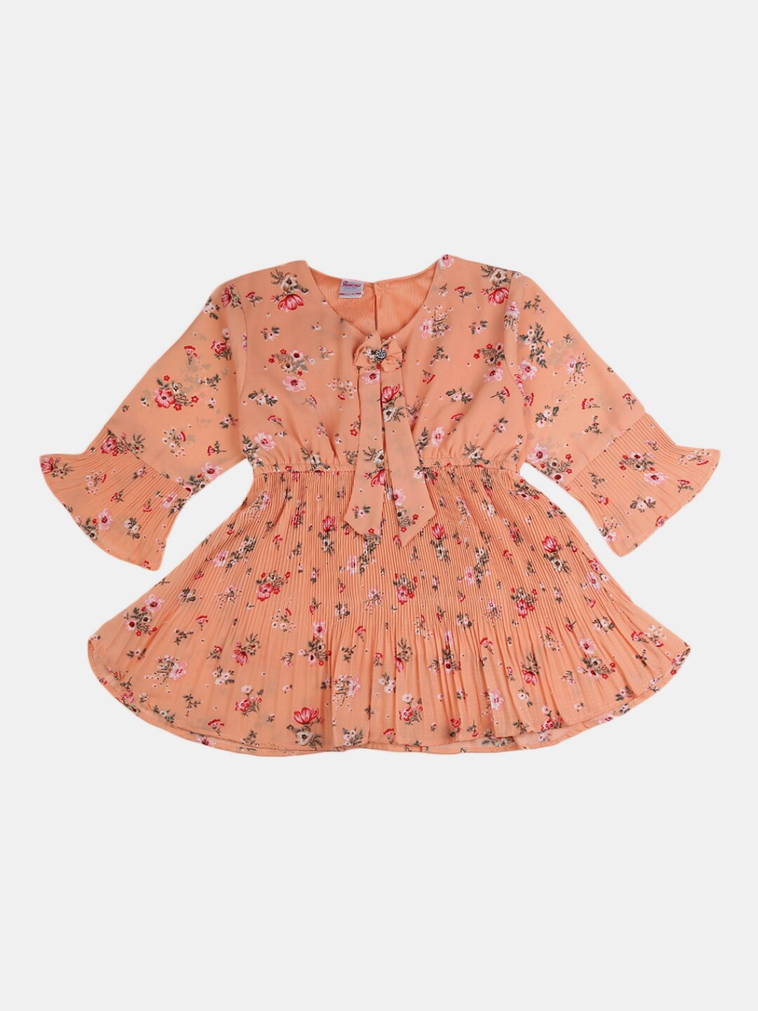 

V-Mart Girls Peach-Coloured & Red Floral Print Pure Cotton Accordion Pleats Peplum Top