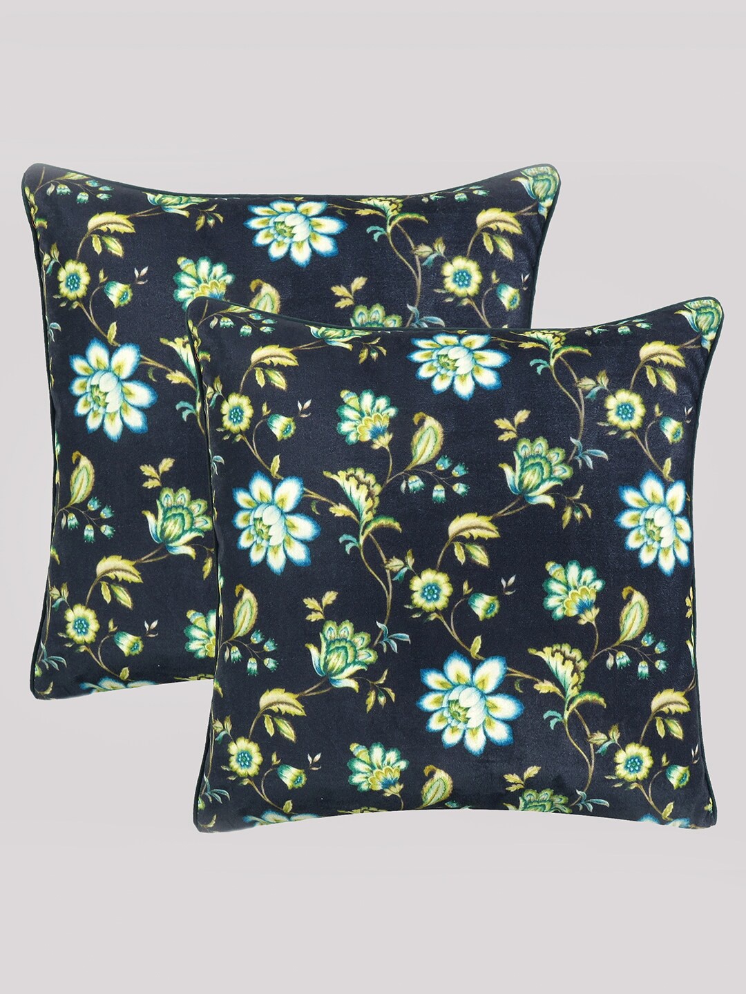 

OUSSUM Black & Green Set of 2 Floral Velvet Square Cushion Covers