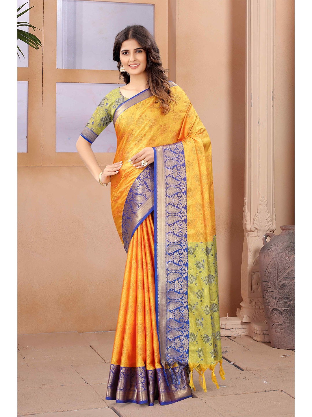 

Mizzific Blue & Blue Woven Design Zari Silk Cotton Kanjeevaram Saree