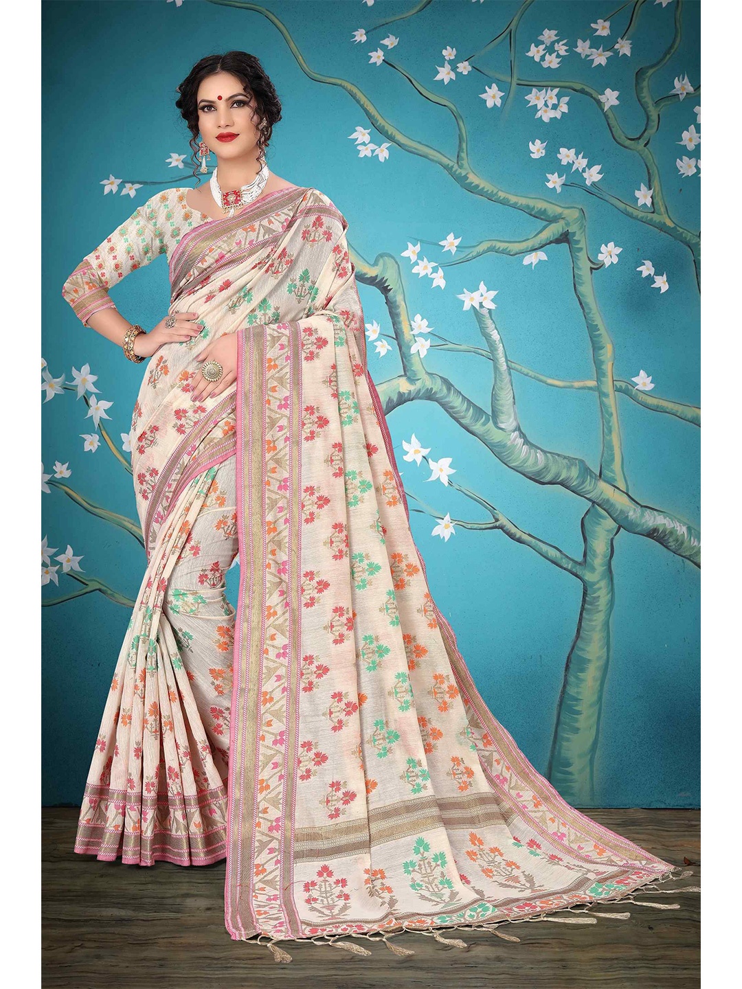 

Mizzific Cream & Green Woven Design Zari Pure Cotton Chanderi Saree