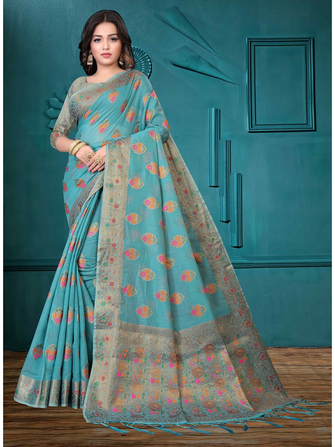 

Mizzific Turquoise Blue & Peach-Coloured Ethnic Motifs Zari Pure Cotton Chanderi Saree
