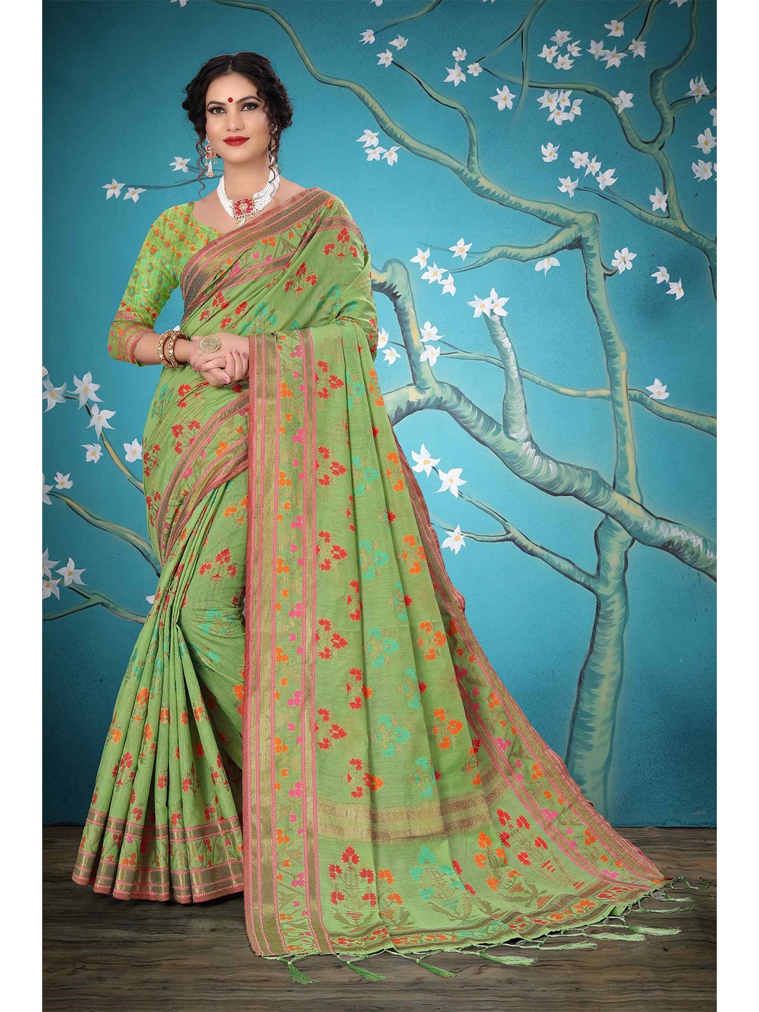 

Mizzific Green & Pink Floral Pure Cotton Chanderi Saree