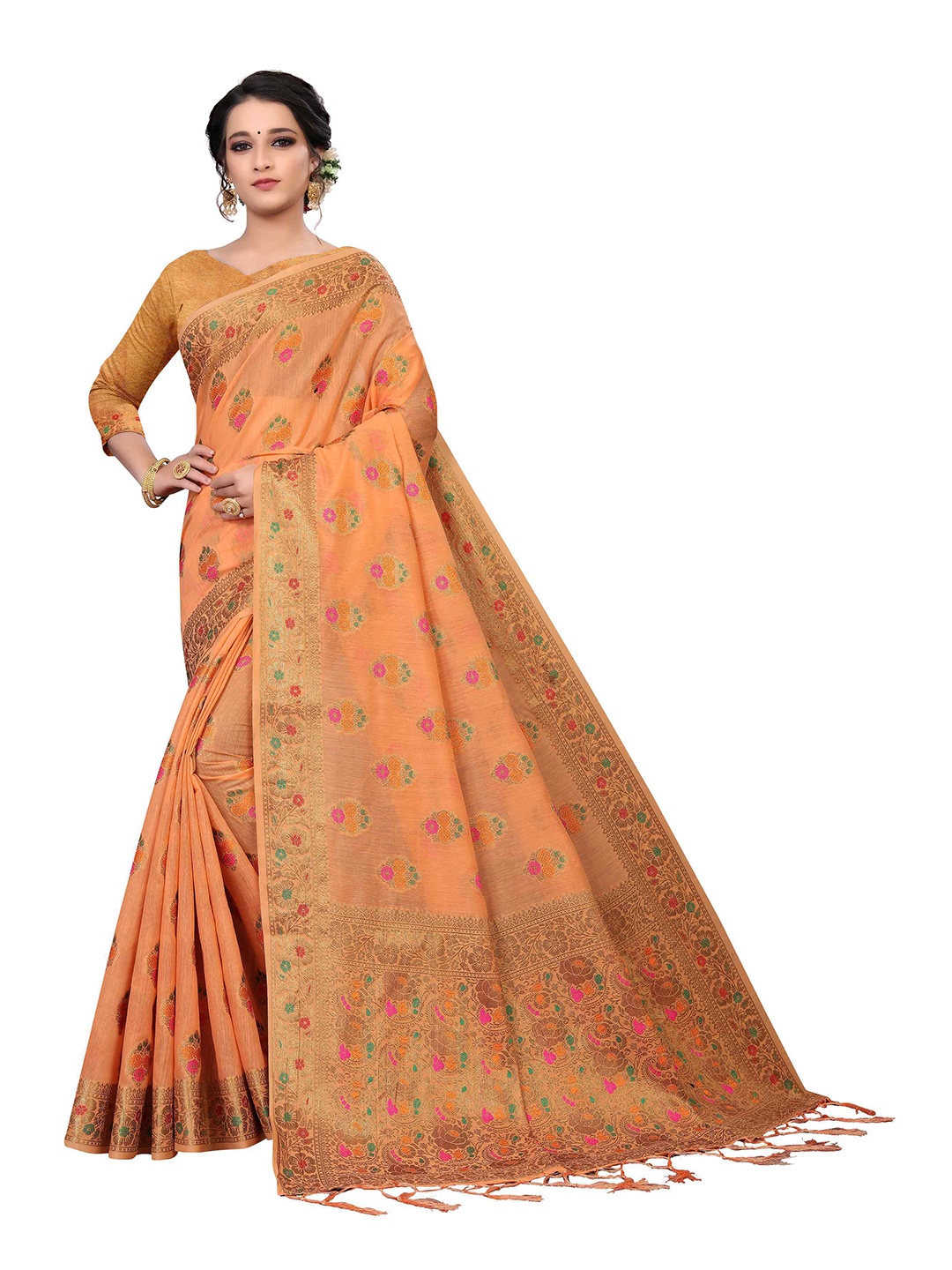 

Mizzific Orange & Gold-Toned Woven Design Zari Pure Cotton Chanderi Saree