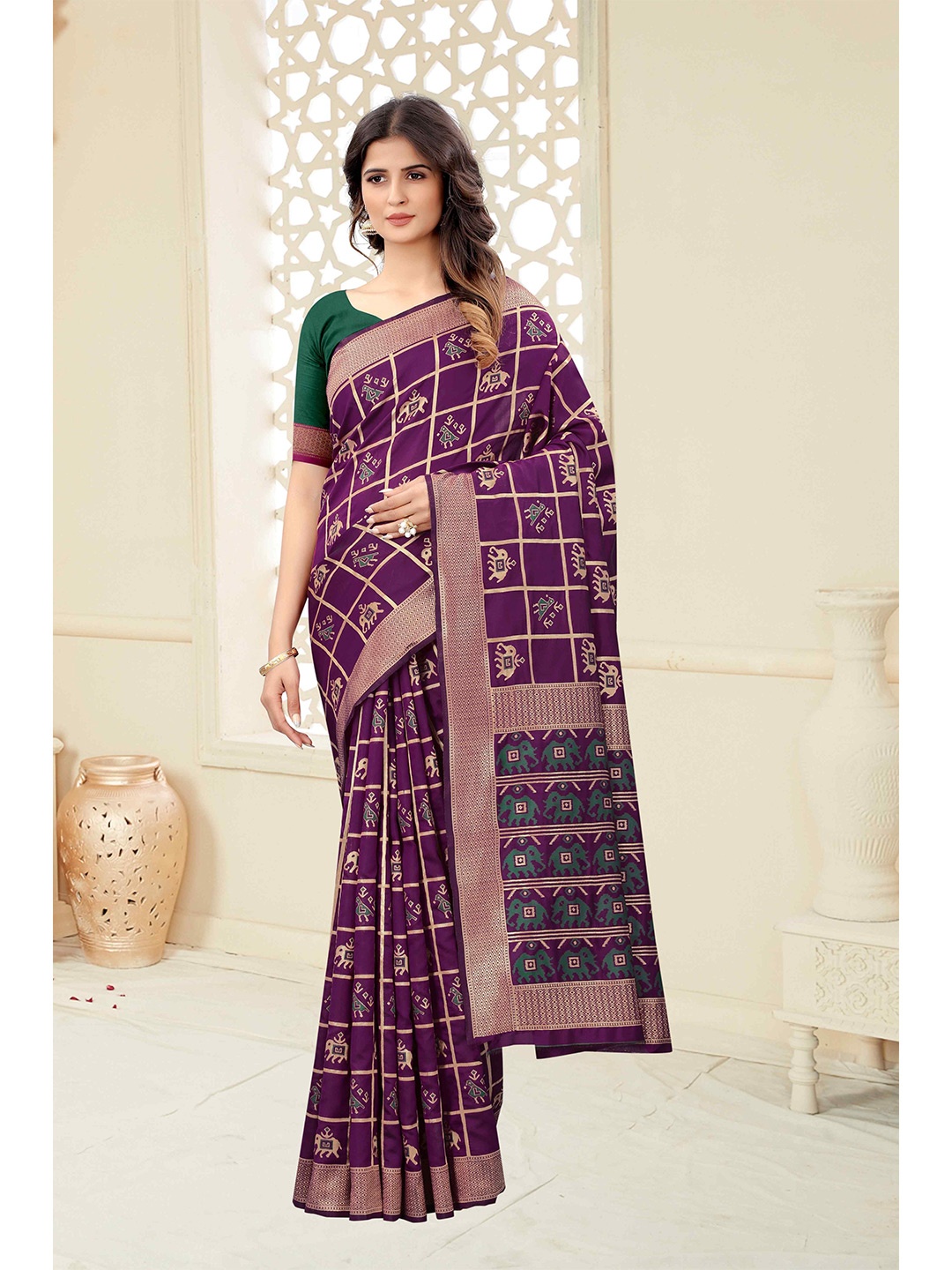 

Mizzific Purple & Green Woven Design Zari Silk Cotton Banarasi Saree