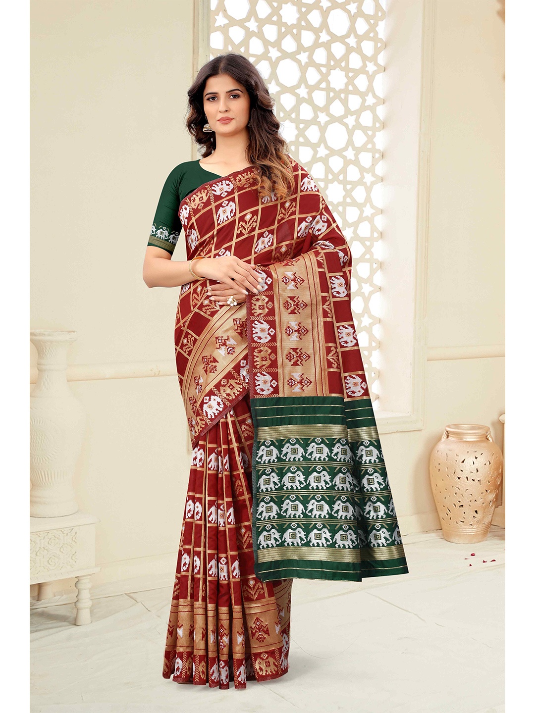 

Mizzific Red & Green Woven Design Zari Silk Cotton Banarasi Saree