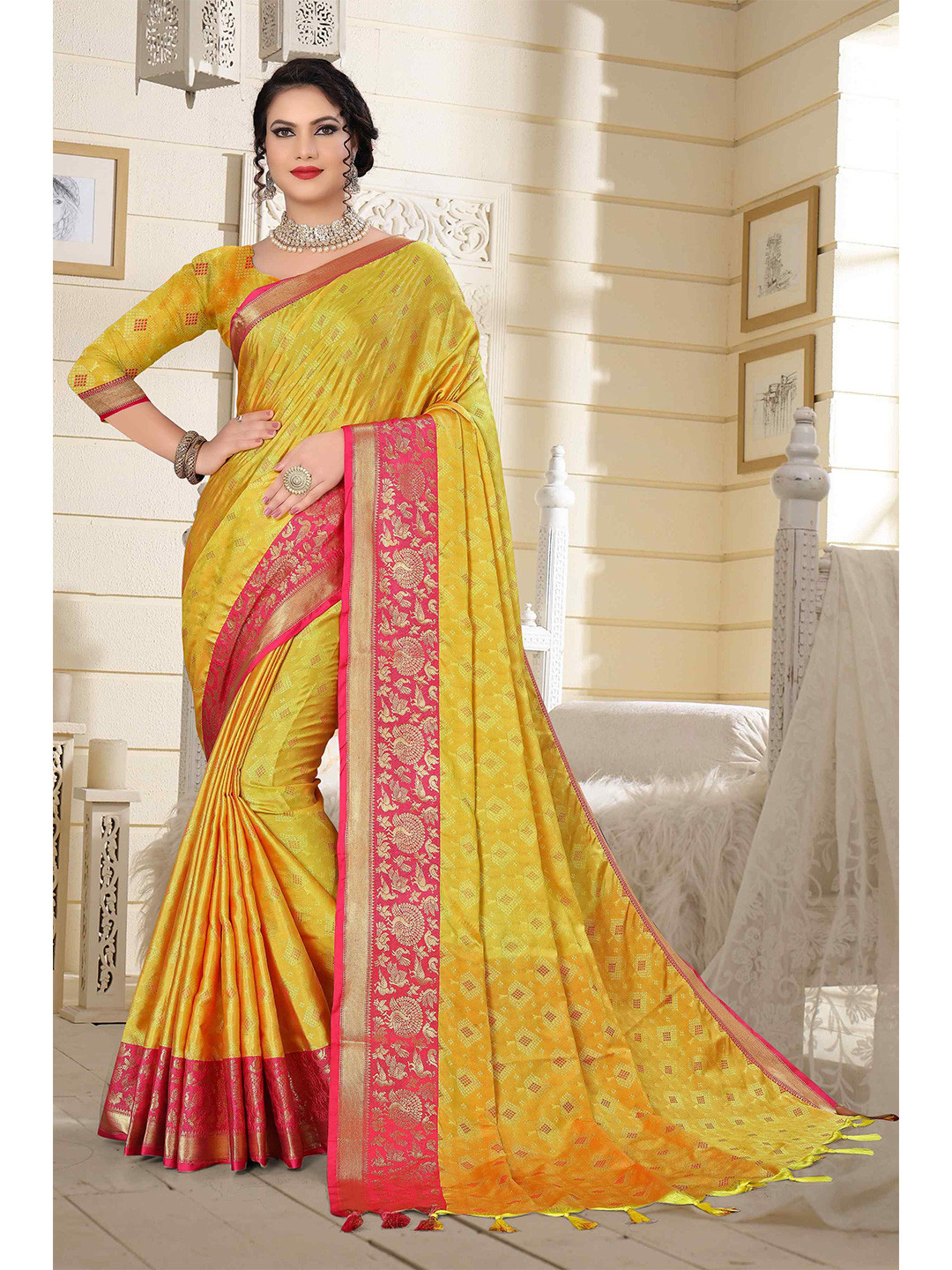 

Mizzific Yellow & Pink Woven Design Zari Silk Cotton Kanjeevaram Saree