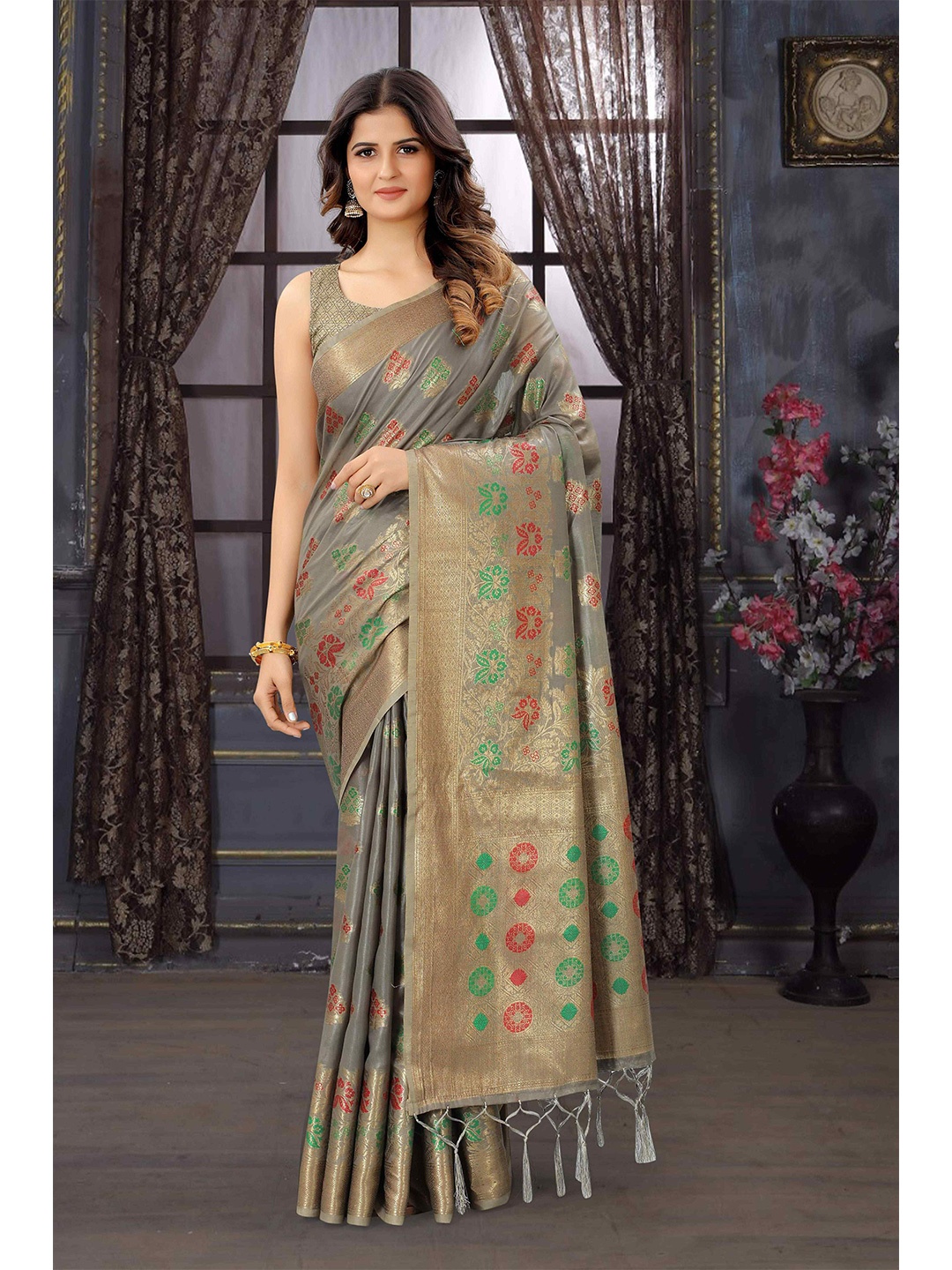 

Mizzific Grey & Gold Woven Design Zari Pure Cotton Chanderi Saree